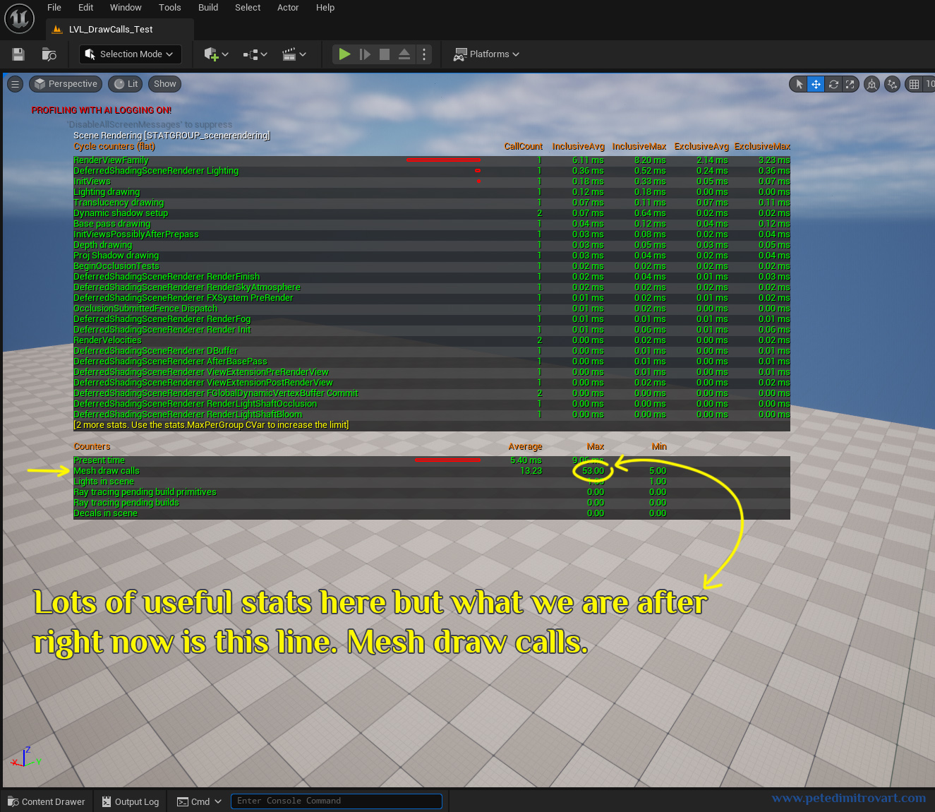Screenshot of a screen identical to before (blank UE5 scene). This time, we’ve typed into the cmd and a profiling screen has popped up on top. Lots of green text describes different stats. By the bottom, in “Counters” under “Present time - 5.40ms” there is “Mesh draw calls - average 13.23 and max 53.00”. Orange arrow points to that and yellow text says “Lots of useful stats here but what we are after right now is this line. Mesh draw calls.”.