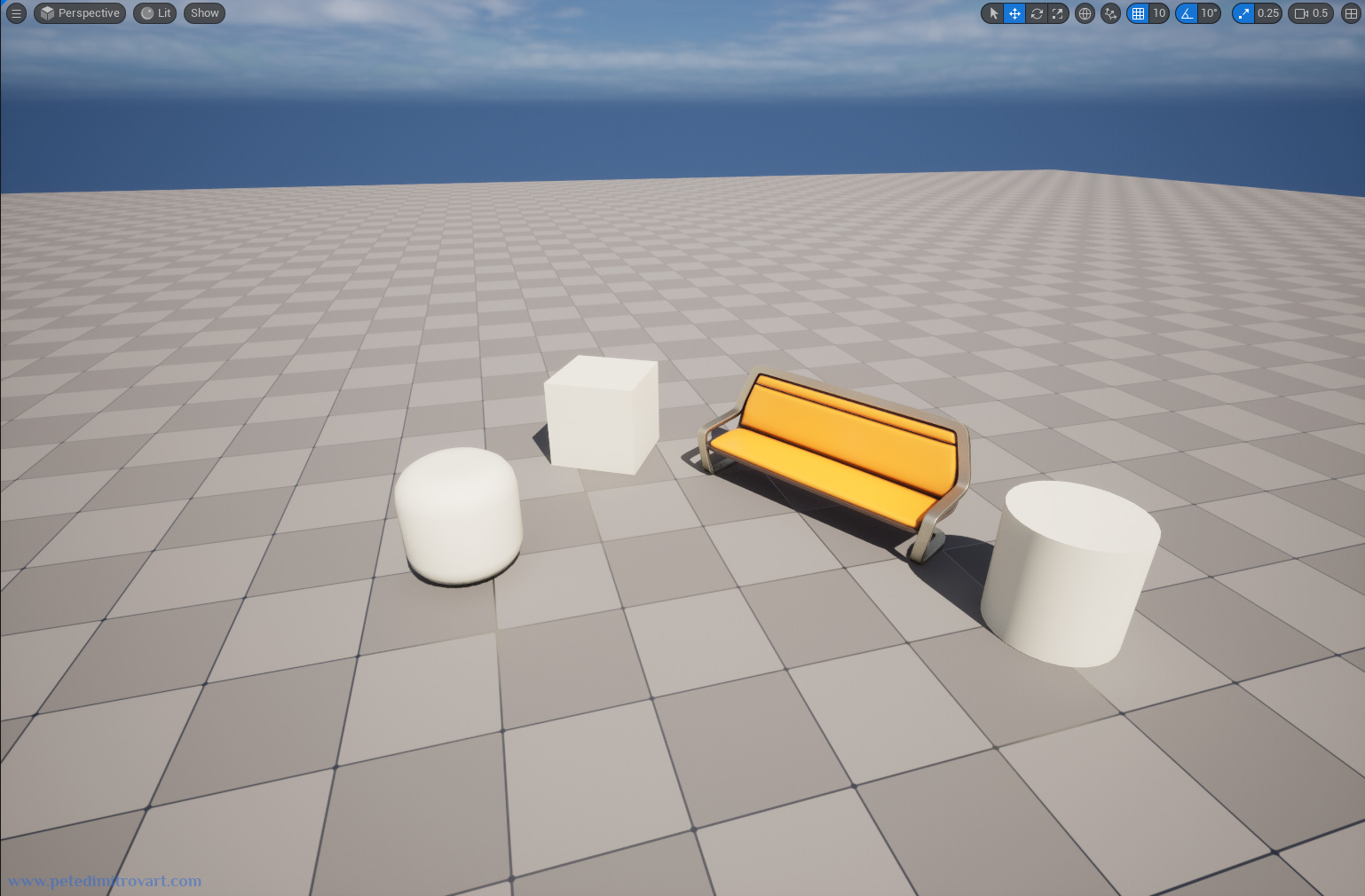 A screenshot of a mostly empty, default UE5 scene. There is a checkerboard floor, a blue sky, a yellow bench and 3 geometric solid primitives colored in white.