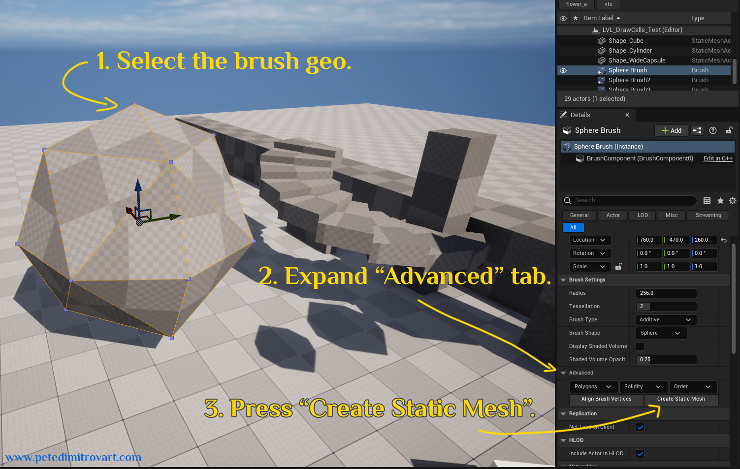 A screenshot from UE5. A blank level is seen with lots of checkerboard texture geometry primitives. A selection gizmo hovers over a selected, lowpoly, sphere. Yellow text on top points to the right side “Details panel” and us clicking on “Advanced” then on “Create Static Mesh”. Yellow text is transcribed in the paragraph below.