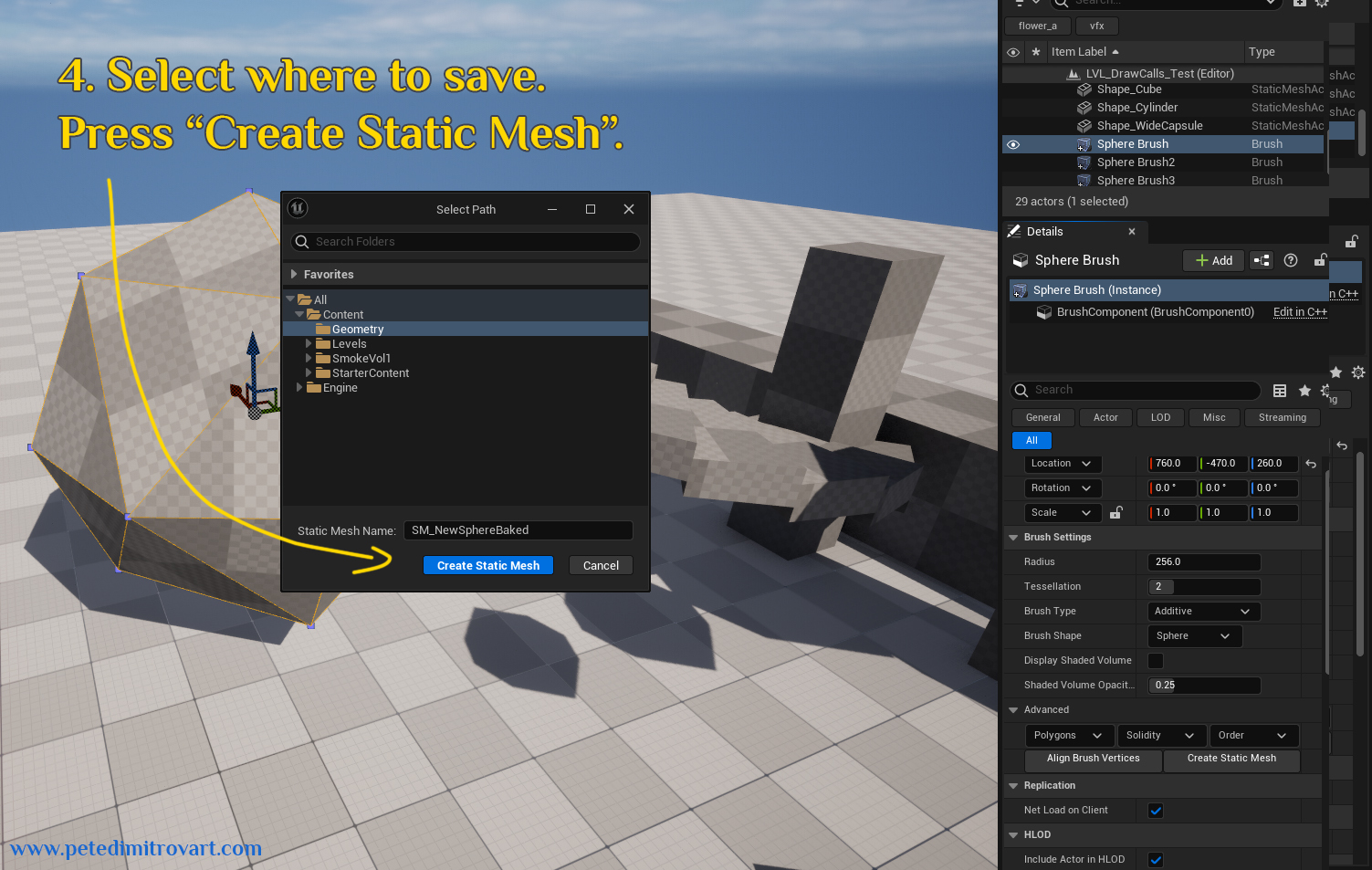 Same image as before but now there is a submenu that has popped up on the screen after pressing “Create Static Mesh” the first time around. This menu shows the project directory and asks us in what folder to save the geometry that we are about to create. Yellow text is transcribed below.