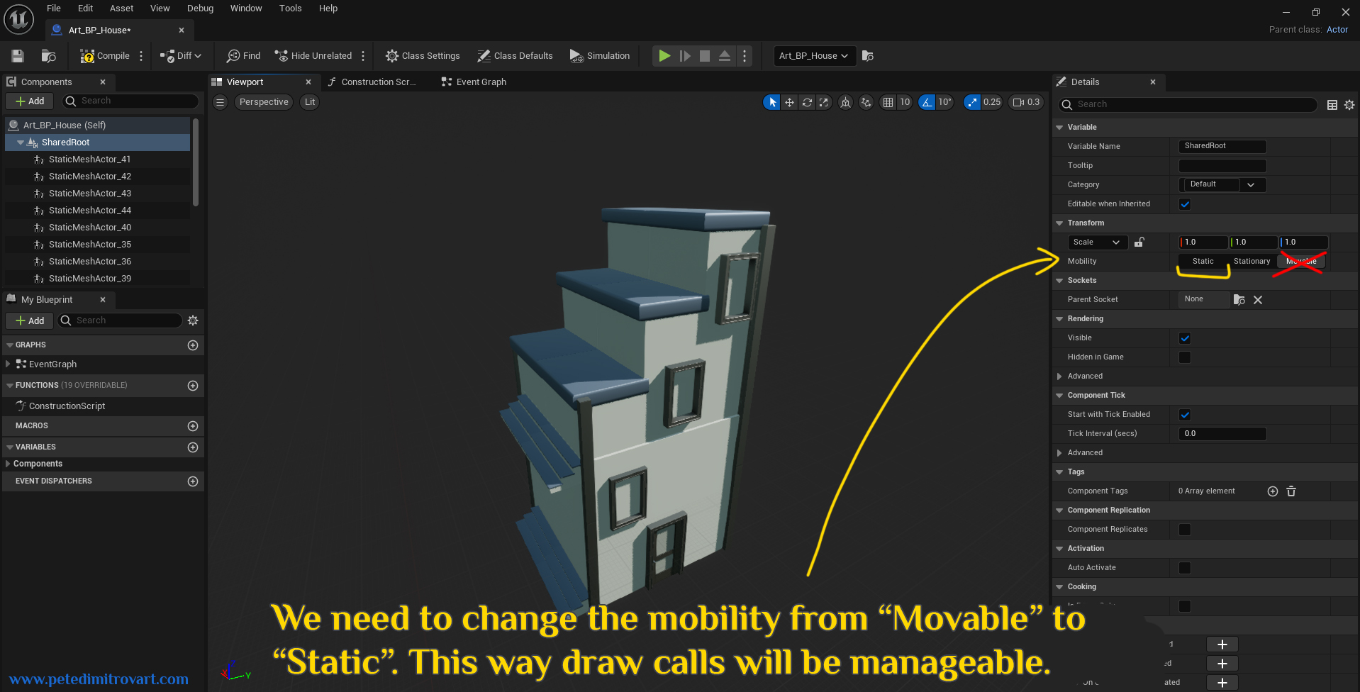 Identical to before UE5 blueprint editor screenshot. An orange arrow points to “Mobility” and crosses over “Movable”, explains that “Static” is the correct one. The text is described in the next paragraph.