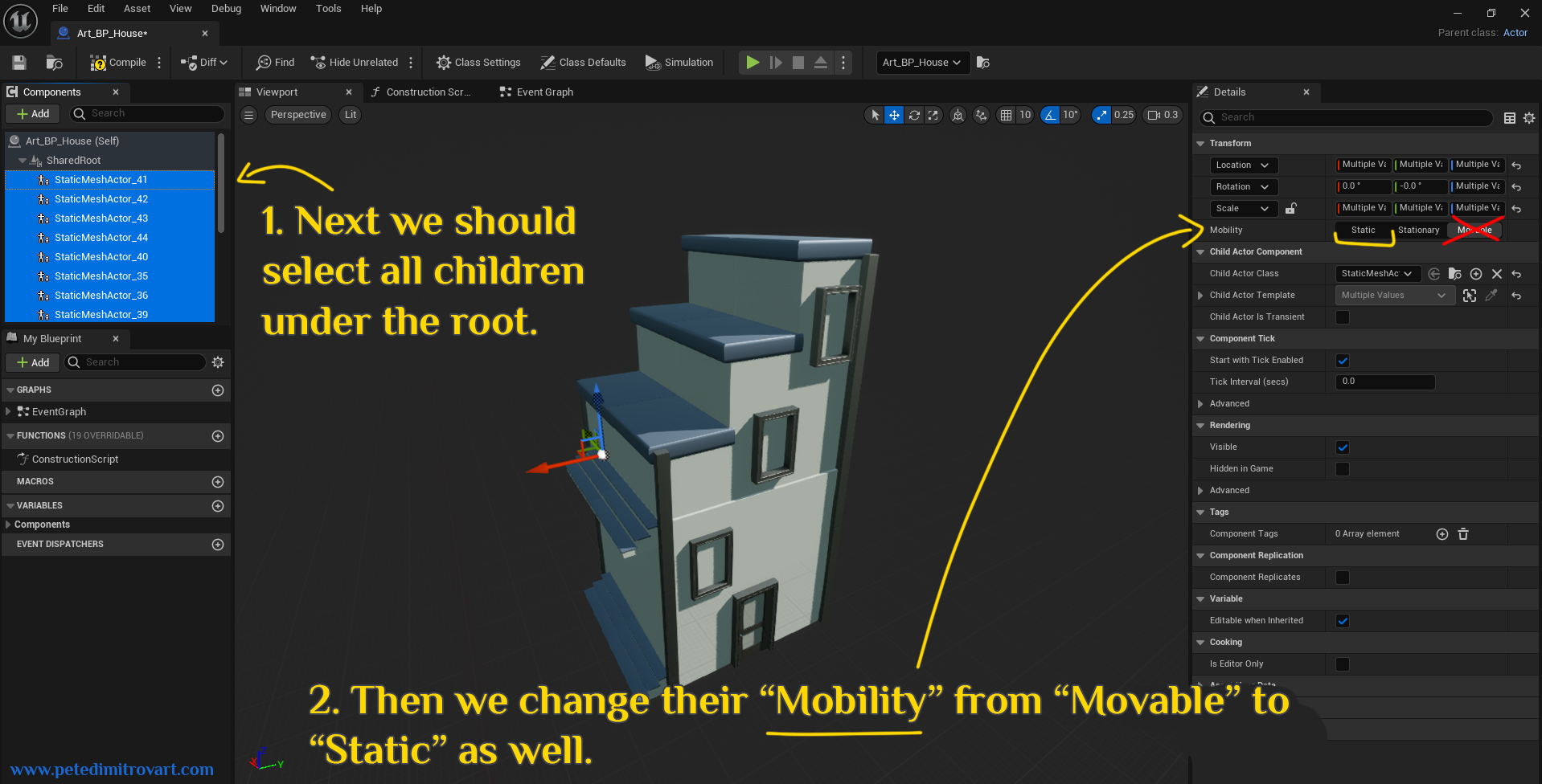 Another image from the same blueprint. On the left side, in the “Components” window, in blue are selected lots of children static meshes. Another arrow on the right hand side points again to “Mobility” this time of the selected many children assets. Yellow text is described below.
