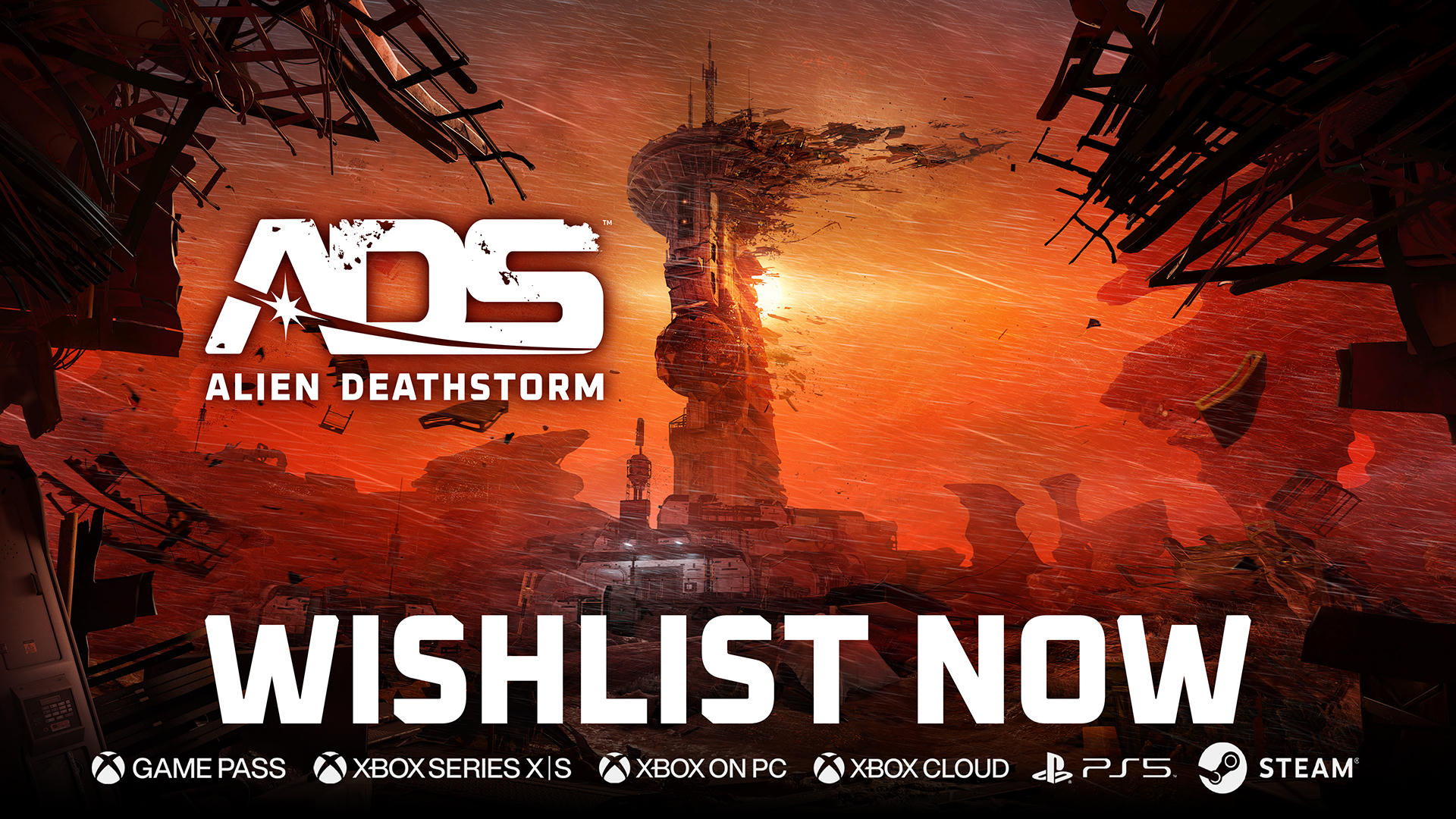 Image showing a sci-fi base with a large tower in the middle. Everything is overwhelmed by a deathstorm in staggering, orange hues. Text on the screen reads - ADS - Alien Deathstorm - Wishlist Now.