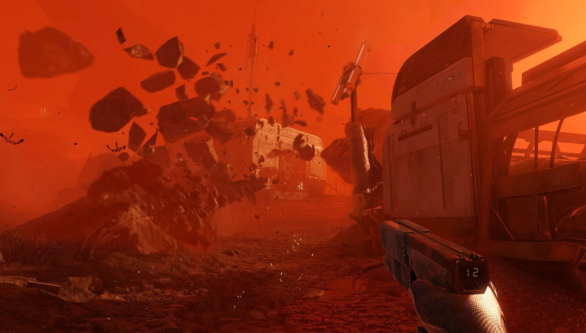 A screenshot of a storm that is throwing rocks around. The camera looks through the perspective of the player.