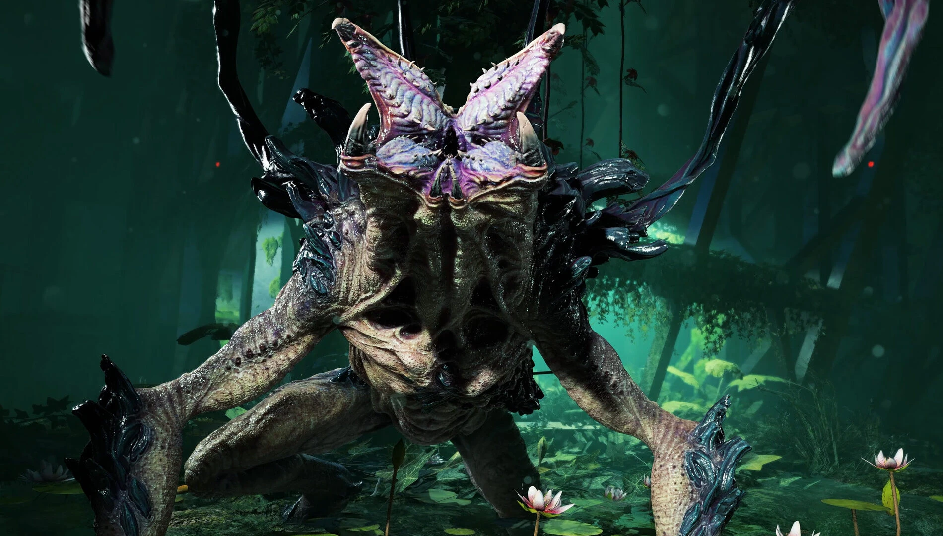 A close up screenshot of a sci-fi horror alien. There are lots of greens and blues and everything looks wet and dark.