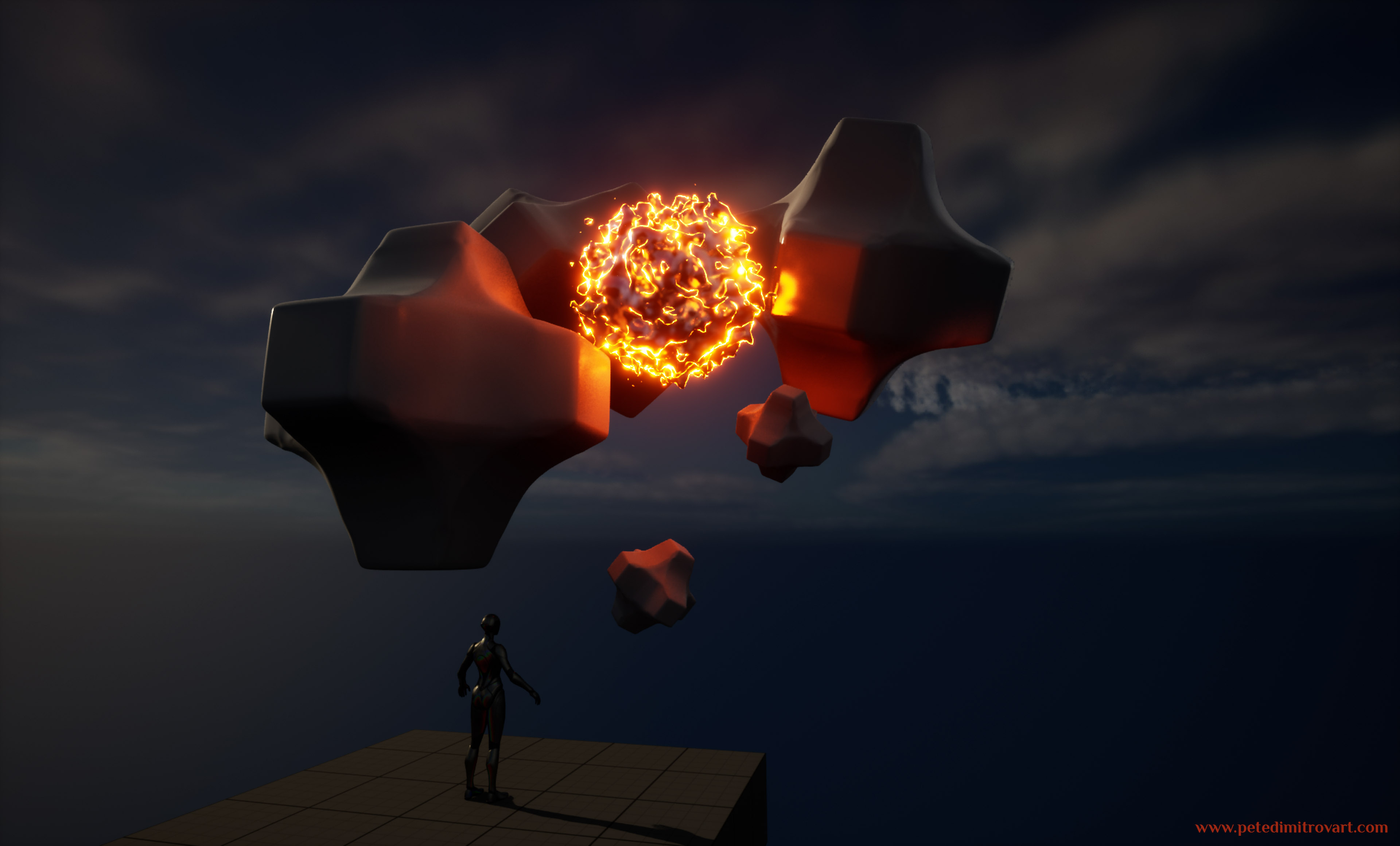 Unreal 5 screenshot. A mannequin in an A pose is facing four floating, large primitives. Between those is a fuzzy orb in a liquid metal appearance. It grows in an overpowering reds, oranges and yellows. It’s emission is picked up in real time through Lumen and casts light on the floating primitives next to it.