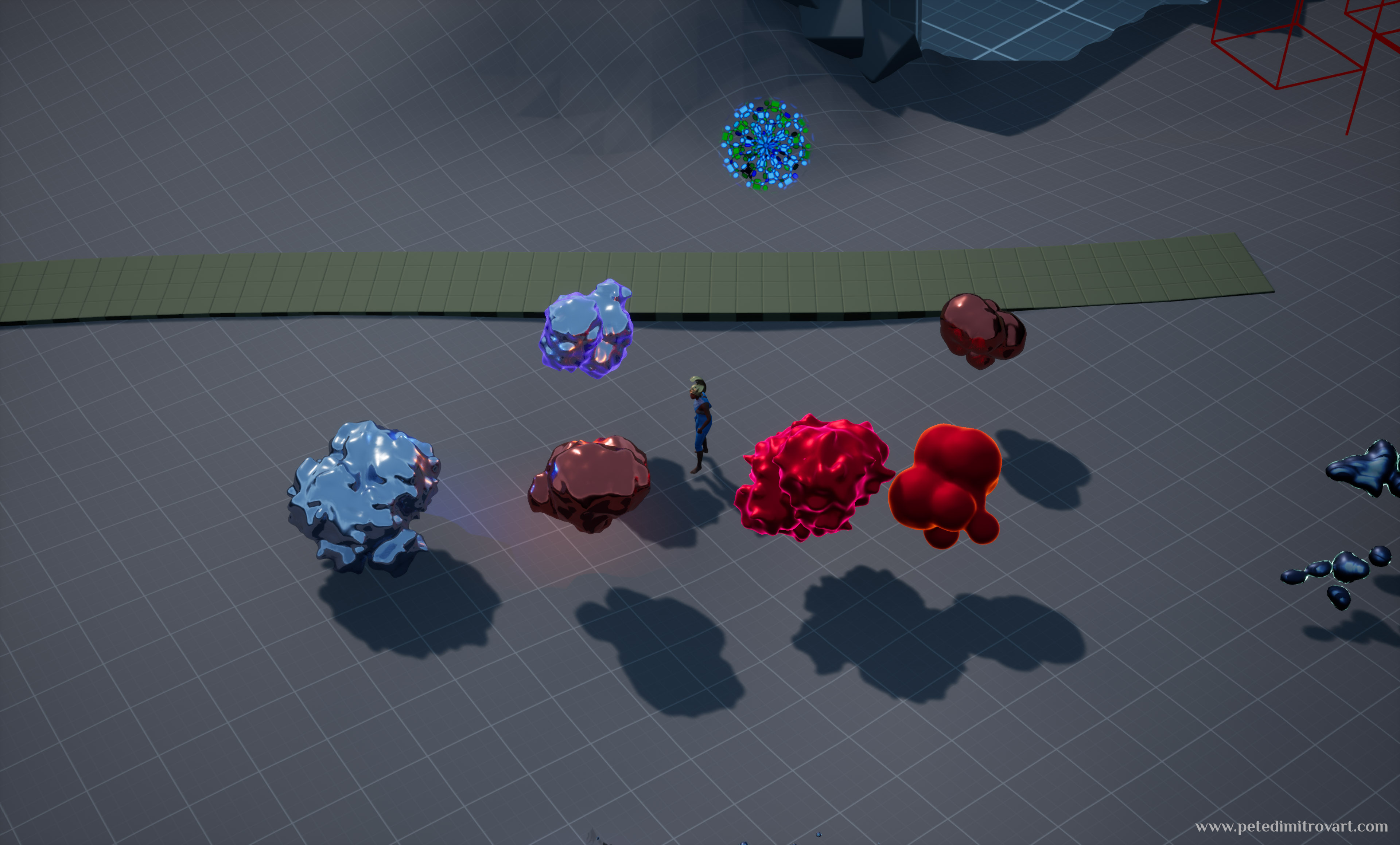 Another screenshot from the prototype. The player character is in the middle and around them are floating orbs. Some are smooth and red in appearance. Like blood. Other copper and blue silver, looking like liquid metal.