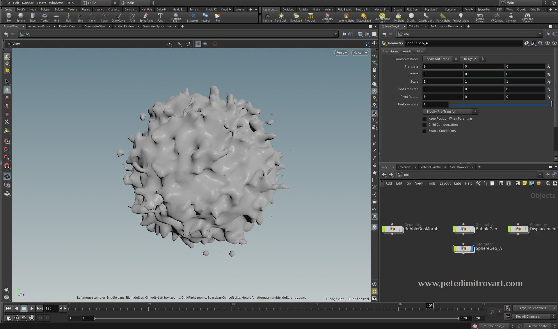 Houdini screenshot. UI of the software is seen and in the left viewport one can inspect the fuzzy orb mesh.