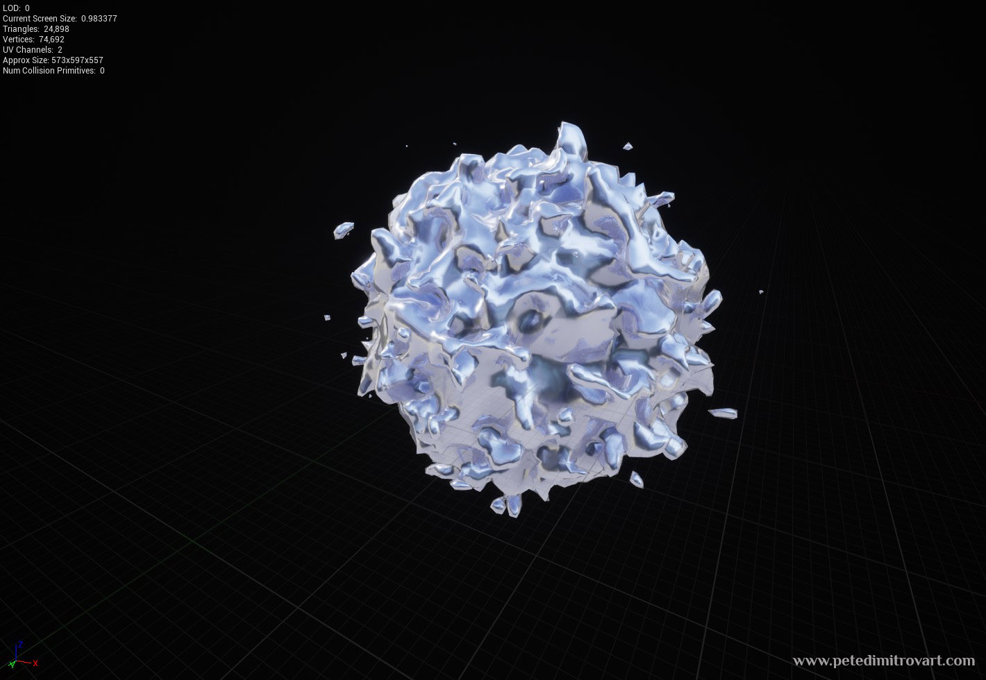 Unreal 4 screenshot. Viewport look of the fuzzy orb mesh. It looks whole, top side reads “24,898 triangles”.