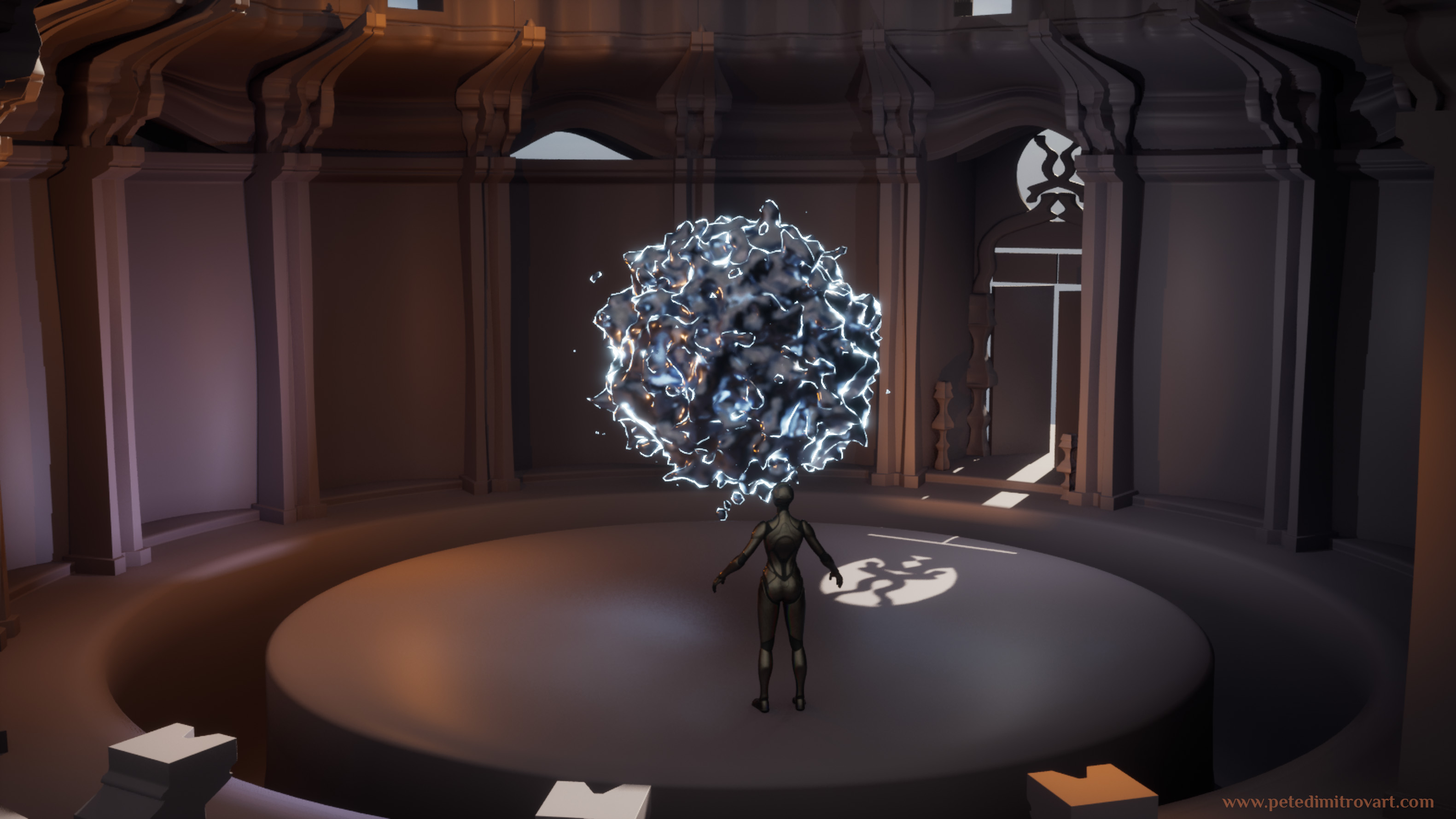A circular room with placeholder gray materials and strong orange glow. There is a fuzzy, liquid metal orb in the very middle. Around are pillars with ornate details on their tops. The walls have slight gaps for sci-fi-esque windows. There is a door that is slightly ajar and sunlight comes out of it. Unreal 5 screenshot
