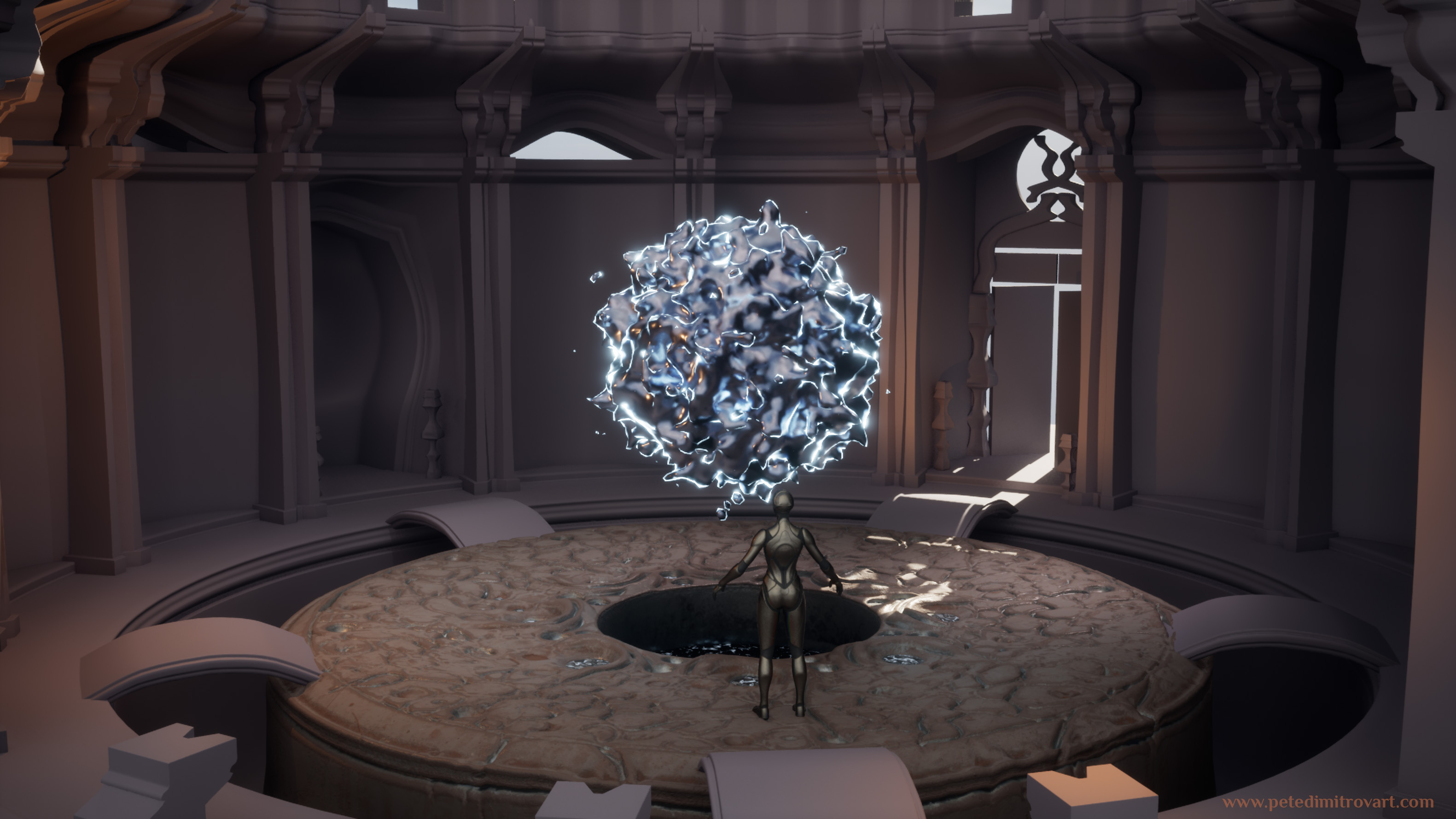 Another Unreal 5 screenshot. Camera angle is the same as the image above. This time the strong orange glow in the left parts of the circular room is removed. The gray, placeholder materials have a cooler tone in general as well. The liquid metal orb from Houdini still floats in the middle of the room, but the central platform is now connected by little bridges. There is a basin cut in the middle too, with darkness inside it.