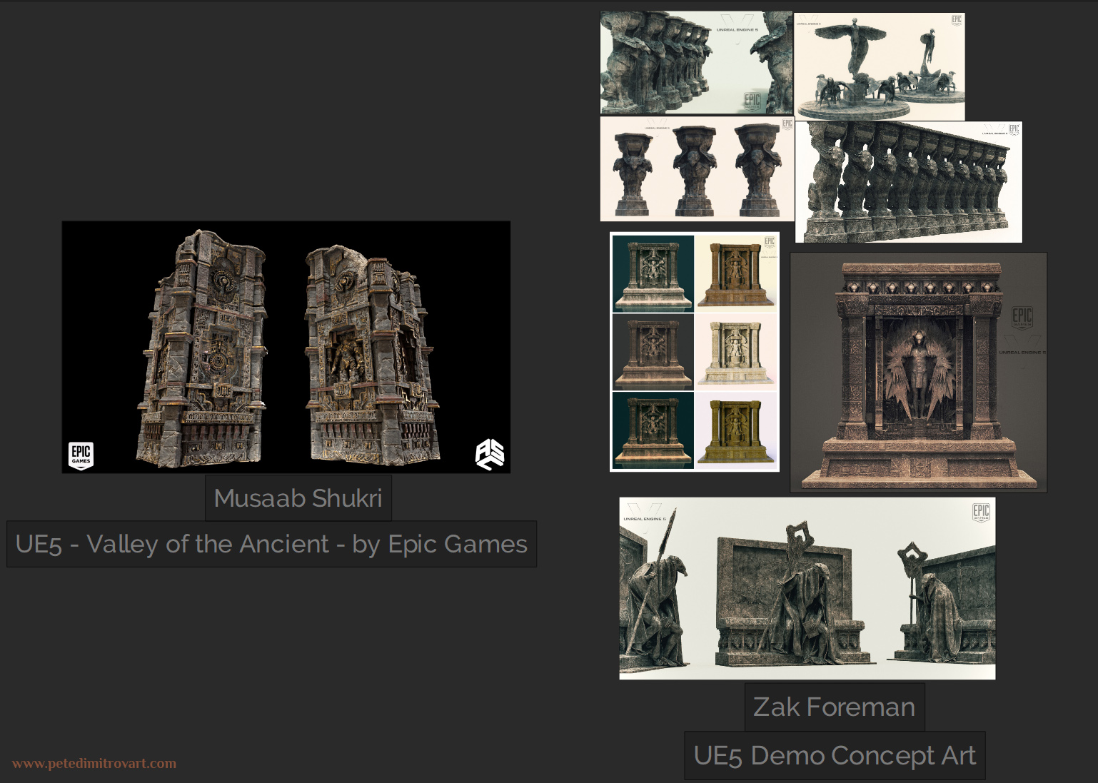 PureRef screenshot. To the left is a sculpt of a pillar with intricate gold motives. Work by Musaab Shukri. To the right are concept sculpts and pieces depicting fantasy deities and creatures. Work by Zak Foreman.