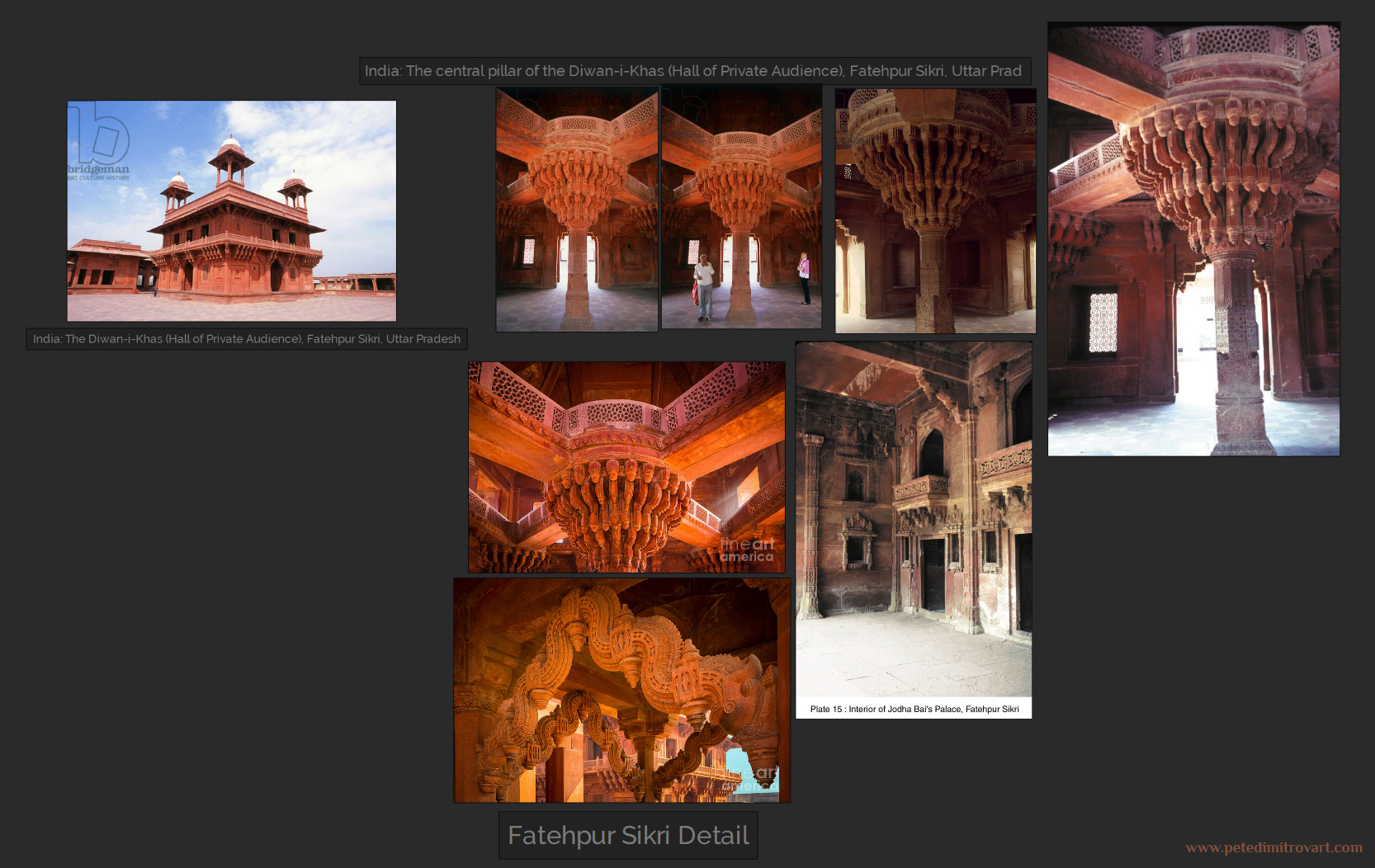 Reference board screenshot consisting of photographs from Hall of Private Audience, Fatehpur Sikri, Uttar Pradesh, India. Images depict red stoneworks carvings that loop into intricate patterns and snake like elements. There is also a photo from - “Interior of Hodha Bai’s Palace, Fatehpur Sikri”.