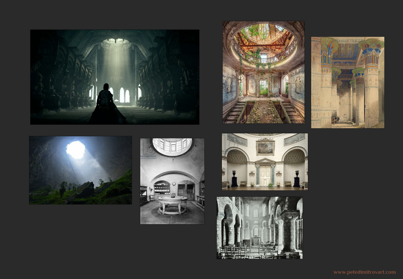 Six photos put next to one another. The seventh is a game screenshot from “Shadow of the Colossus”. The others feature baroque and other architectural styles of circular rooms. Most have an opening in the ceiling that hosts set of windows that leak light in. Another photo is of a cave with god rays coming from open ceiling.