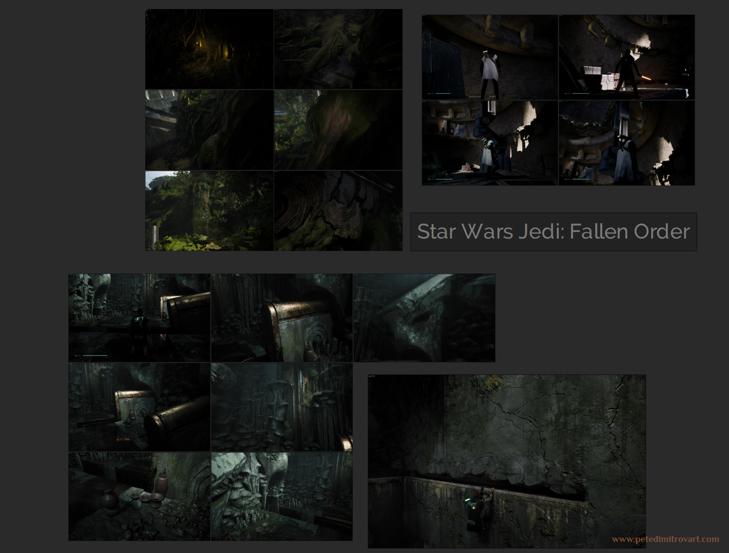 Lots of Fallen Order screenshots put into one place. Top left shows greenery, canopies and tree barks. Right is plaster walls. Below are ritual spaces with golden motives and lots of stalagmites and moist texturing.
