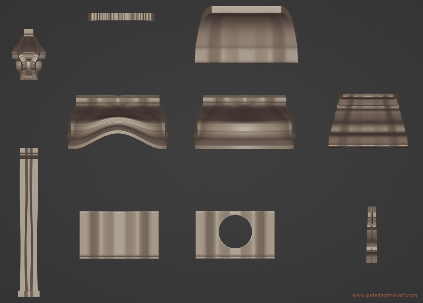 Blender screenshot. Shows eight initial blockout assets. Includes architectural pieces like pillar, flat wall, wall with a circular window cut, ceiling dome pieces.