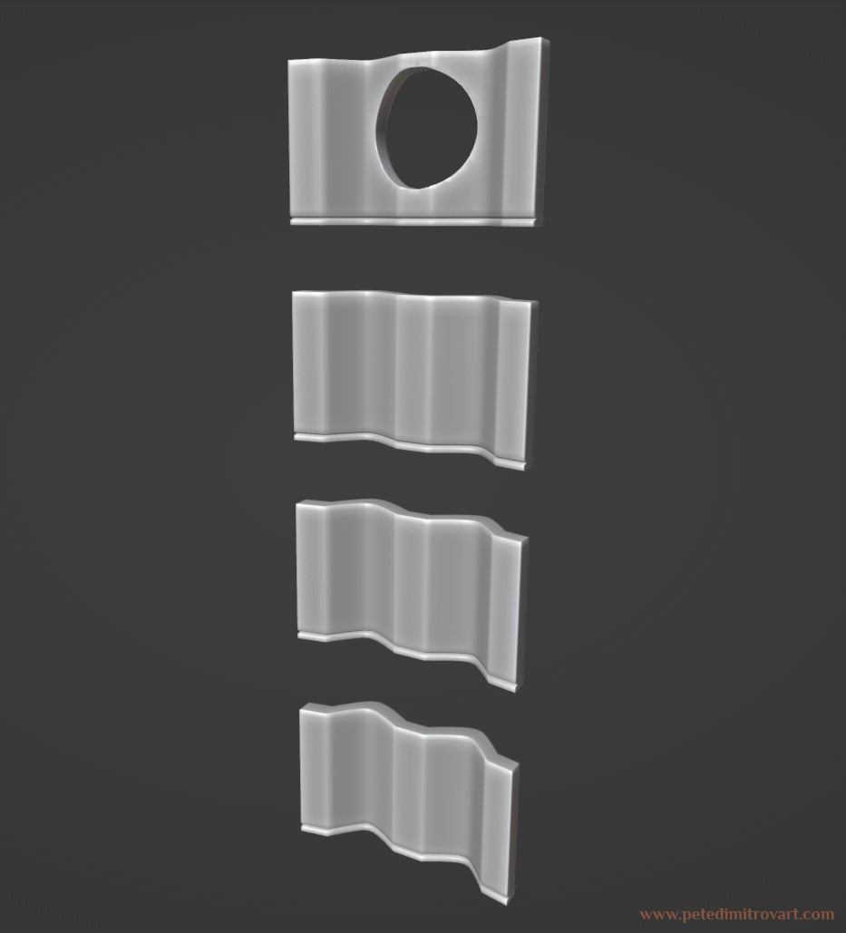 Blender screenshot showing four copies of a flat wall, one above the other. Three are identical, ready to be customized in Zbrush, while the top one has a circular window cut instead.