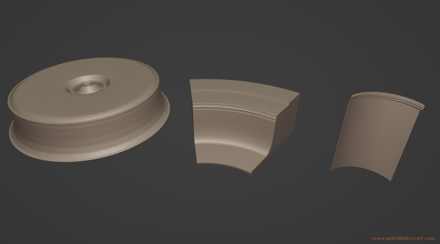 Three props seen in a Blender screenshot. First one is a large, circular platform. Second is a pie cut modular piece. Third one is a bent wall.