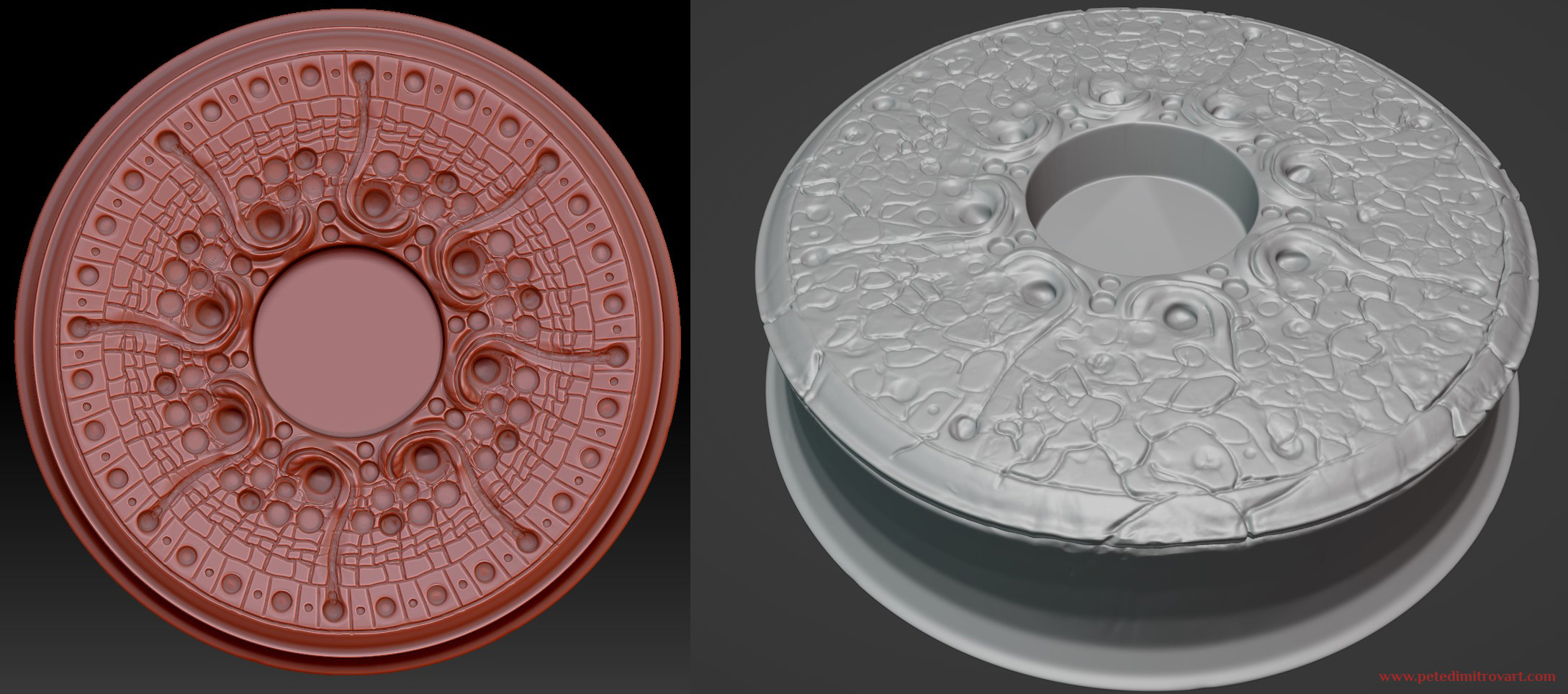 Zbrush red matcap screenshot showing the circular platform now sculpted on top. It has brick-like details but also lots of swirling circle motives that give it a sci-fi, alien look.