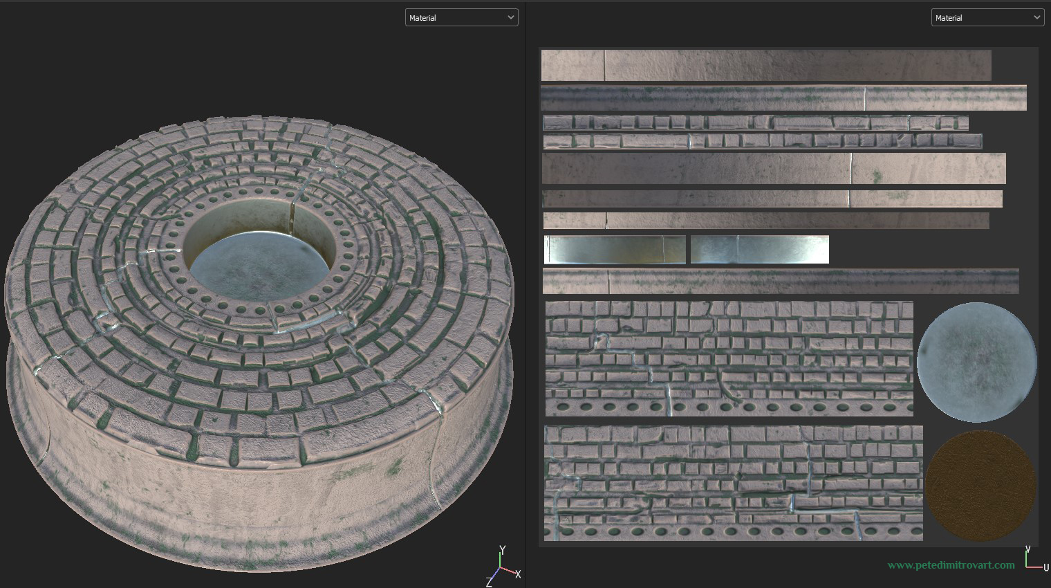 Substance Painter screenshot. Shows the same platform as above, but now the sculpt is different and has more “brick” appearance. To the right is the UV view. All of the brick details are actual geometry as this is a Nanite mesh and I wanted to keep it more dense.