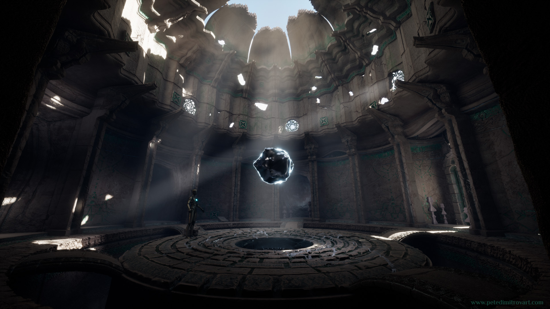 Lower ground camera screenshot that is pointed towards the upwards parts of the scene. It reveals the orb floating in the middle of the scene, bathed in light (in the shape of alpha card God Rays). Above the orb one can see the circumference of the initial lower room shrink inwards. On the walls of that are windows cut in the form of circles. On the very top, the ceiling is dome shaped. It opens up like a flower flooding further with daylight the otherwise dark interior. Unreal Engine 5 screenshot.