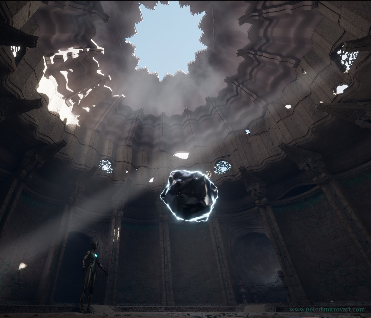 Image crop looking at the upper parts of the scene. Shows the dome ceiling building up few levels of shapes and silhouettes. The top one is the most intricate one, with flower and fractal elements. All of the upper parts have placeholder, gray, materials while the lower parts are textured. UE5 image.