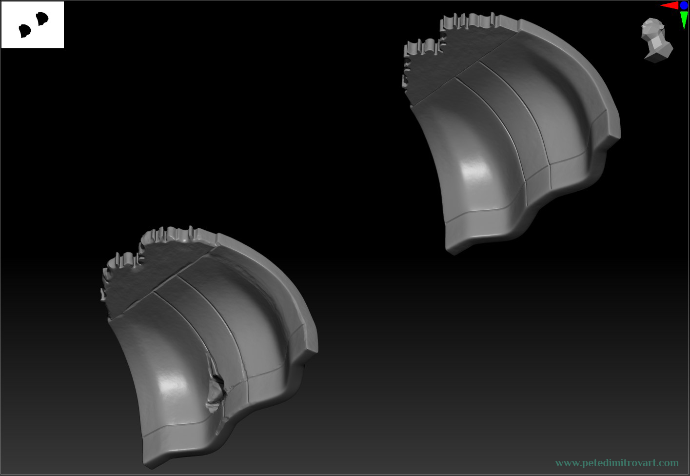 Lower, orthographic camera view of upper dome ceiling assets. Top parts has a fractal-like appearance. Lower dome bent has a crack and damage in one version, while the other (to the right) is intact. The images were taken inside Zbrush.