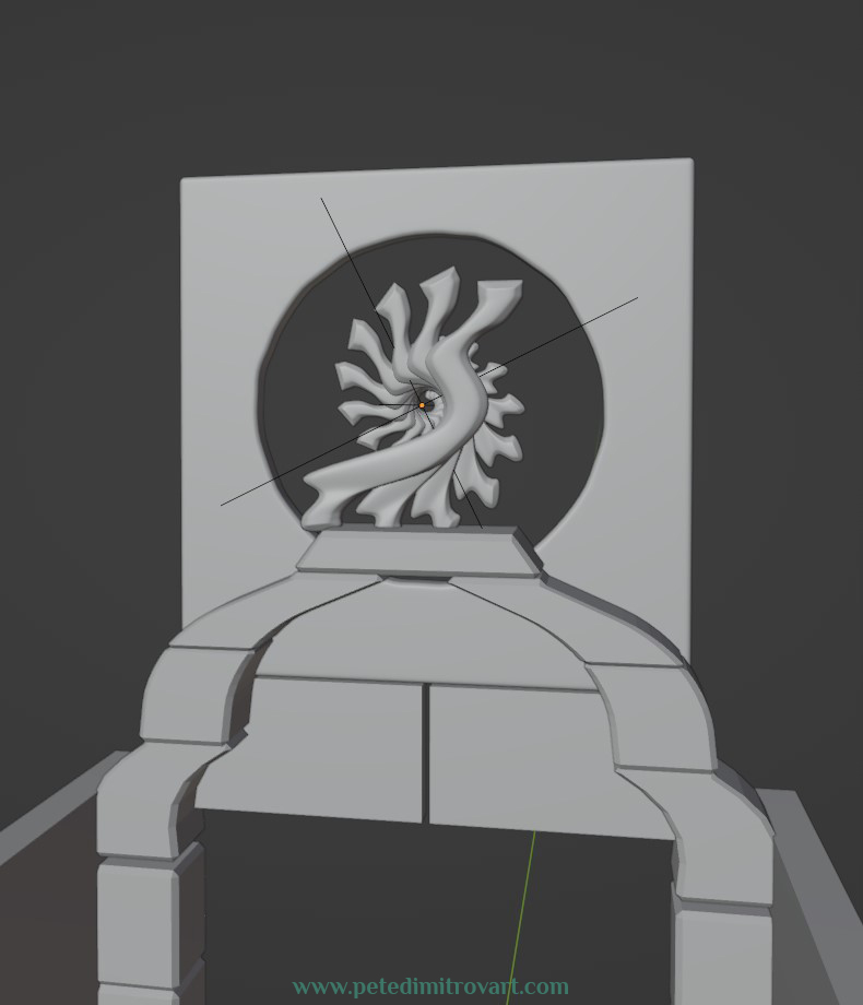 Initial blockout of some of the shapes of the door. Screenshot from Blender. Shows a square plate wall. It has a circle cut in the middle. There, a carving shape sits. It has appearance like the Zerg logo from Starcraft.