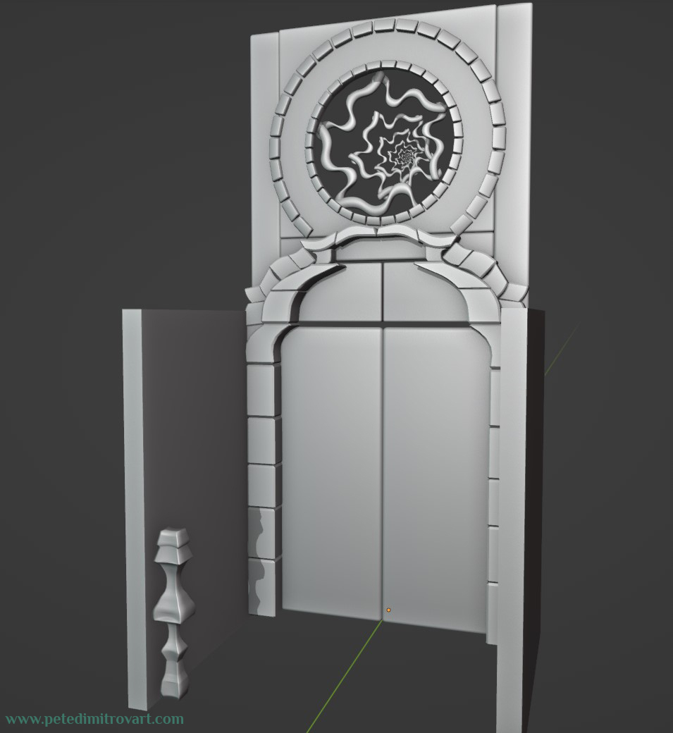 Another Blender screenshot. Looks at the door pieces bit further away from. The wall plate and circle cut are now more defined. The shape in the middle is more of a spiral instead of the previous inverted Zerg shape.
