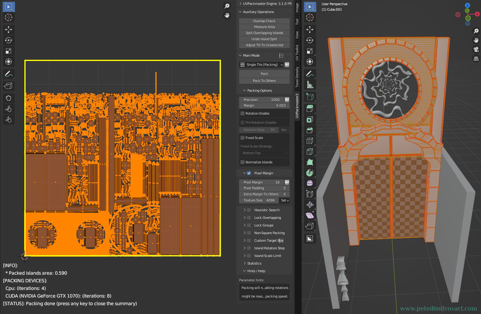 Blender screenshot where the screen is split into two. To the left is a UV Layout screen. To the right is Modelling Layout screen. On the left is seen the result of a UVPackmaster3 Addon, showing uv shells overlaid on an uv quadrant.