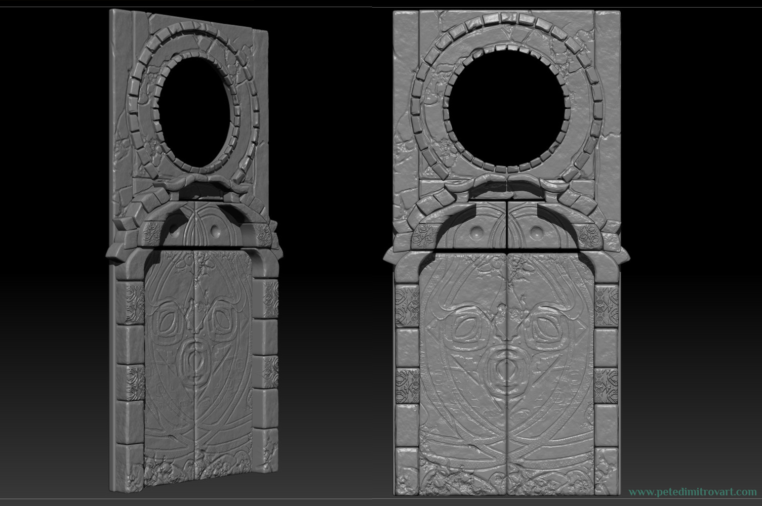 Zbrush screenshot showing the door. The sculpt here is now rich in detail and relief carvings on the surface. Image to the left shows the door at a slight angle, while the image on the right shows it from the very front, in orthographic view.