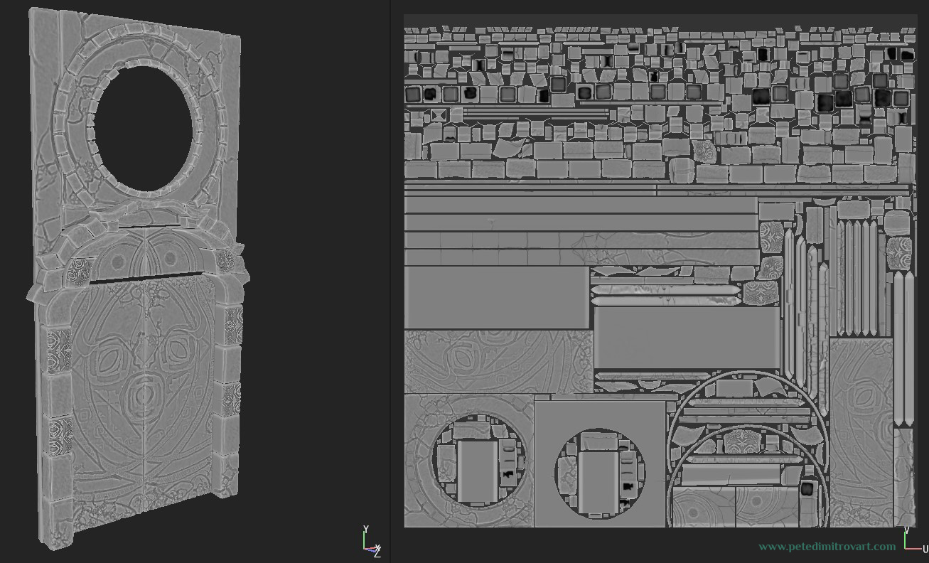 Substance Painter screenshot. Viewport is divided into two. Left side is the door seen in perspective. Right side is the UV space showing all of its shells. On both sides we can observe the “Thickness” bake applied.