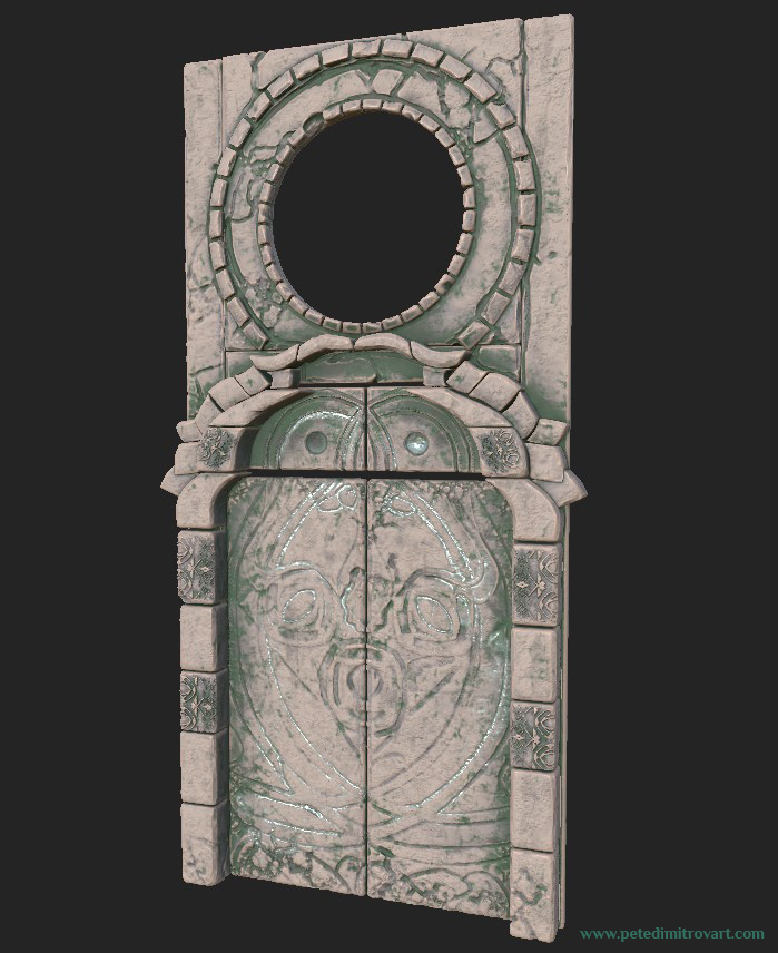 The door seen fully textured but lit slightly in a flat way. It is previewed once again in Substance Painter. The base material is stone matching the texturing of all other assets. On top sits green algae like texture that is masked with AO but also hand painted in lots of places too.
