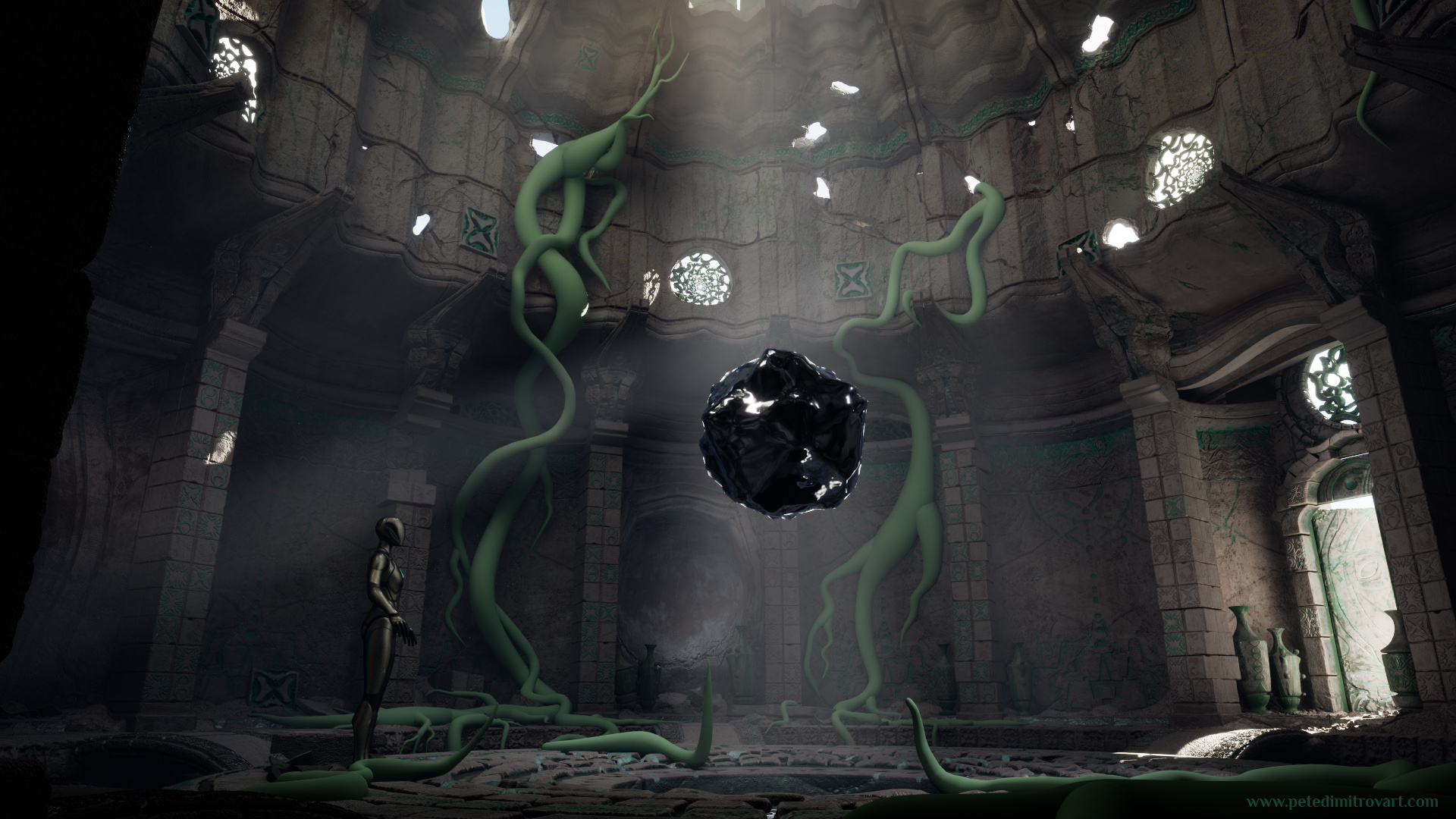 Lower ground level camera. Below the floating orb in the middle, bathed in alpha cards light, there are the roots blockouts. Those slither around on the ground and once reaching the middle of the platform start to move upwards, as if trying to touch the orb.