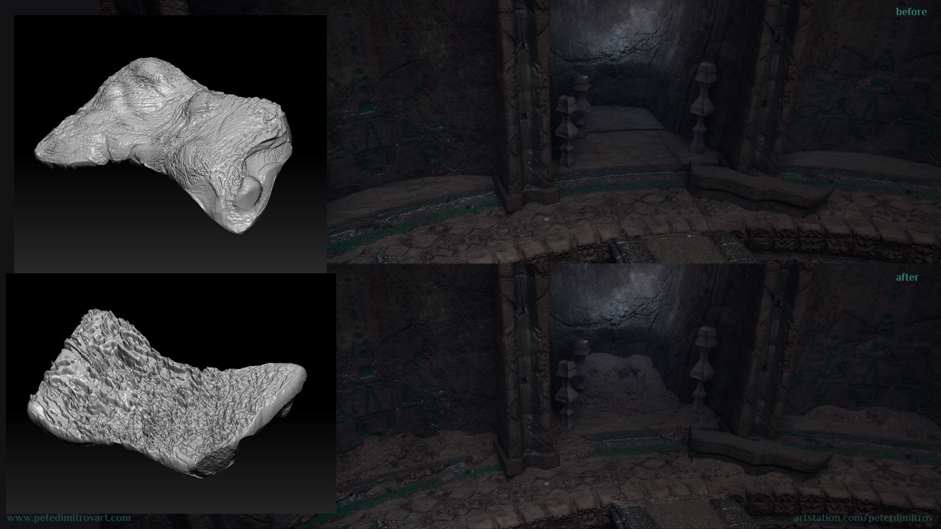 Image collage. To the left are two screenshots of a dirt lump seen in Zbrush. To the right is that same prop used in UE5. Showcases close up of the corners of the walls. Where wall meets floor, the dirt piles prop is used as set dressing.