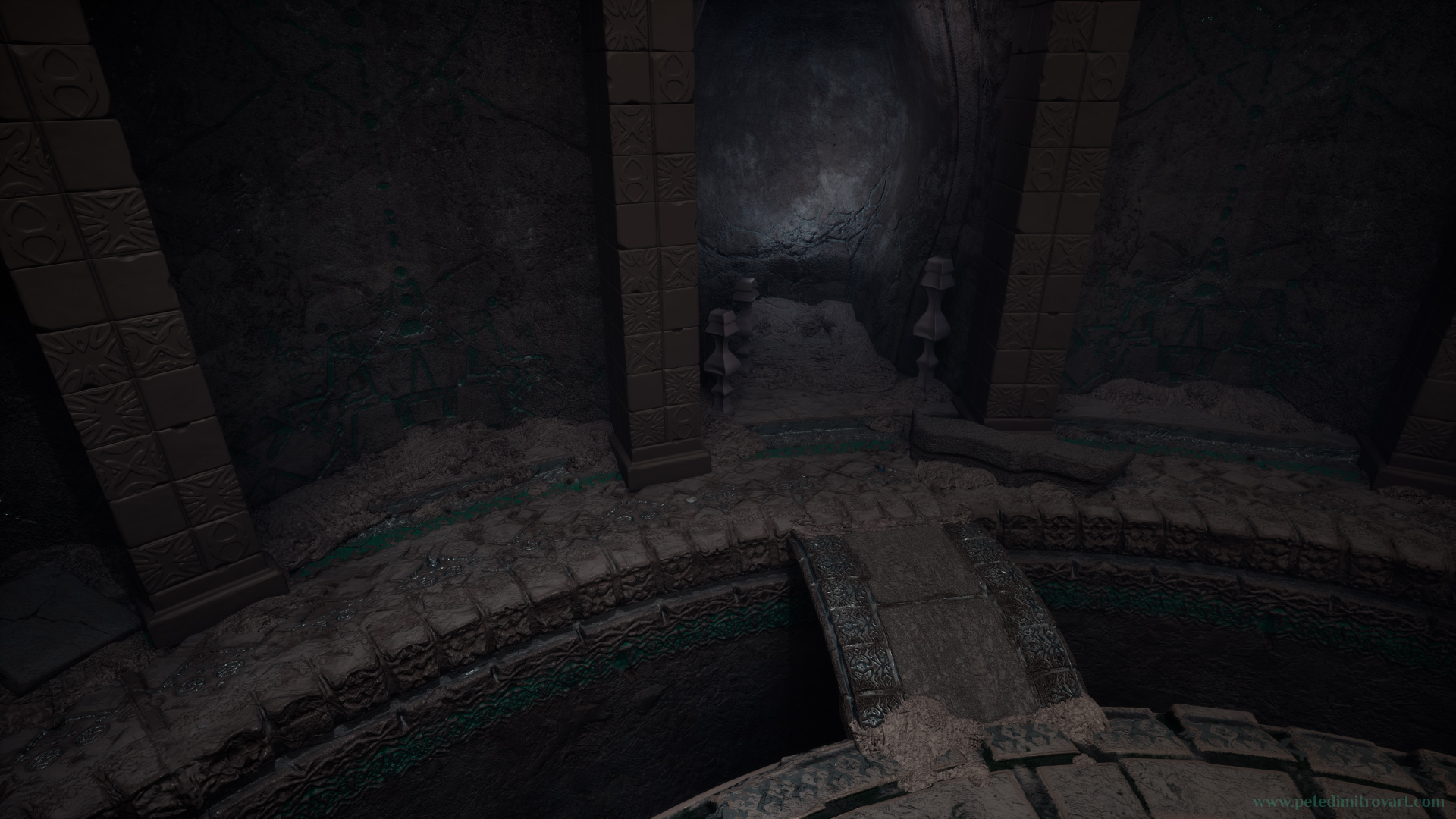 The close up from UE5 seen above. This time the pillars protruding from the bent walls are redone and have more square look. They also have intricate rune relieves on them. They are still flatly textured with placeholder materials.