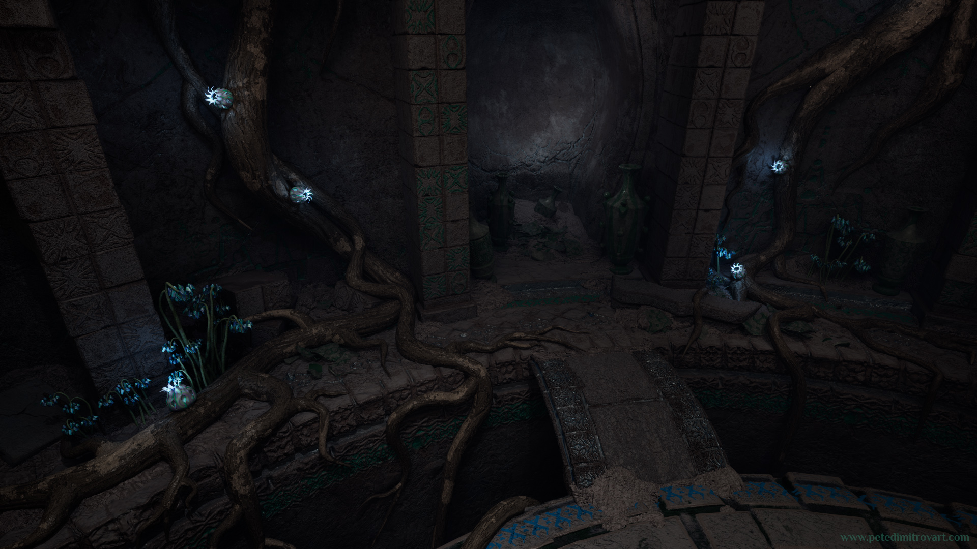 Shot identical to above. The at first empty spaces are now filled with roots that slither in all directions. The roots now have textures of barks too. There are flower foliage assets that have blue blooms and light up the scene in a magical, eerie glow.