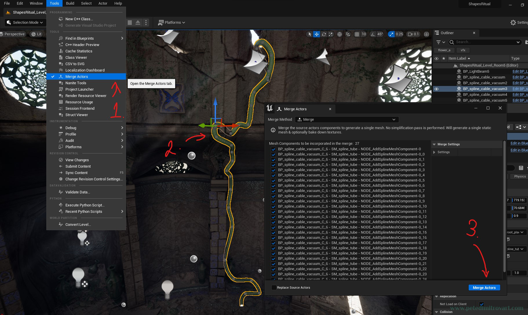 Unreal 5 editor screenshot, showing an action in 3 steps. First open Tools submenu and select Merge Actors. Second select your spline blueprint in the world (see in the middle of the image). Third, use the newly opened Merge Actors window to save out the splines into ordinary Static Mesh. I suggest doing this by the end of your projects even on splines you like the visual of, as keeping it to splines increases draw calls immensely and will drag performance down. Saving out to Static Mesh bakes it down to one draw call.