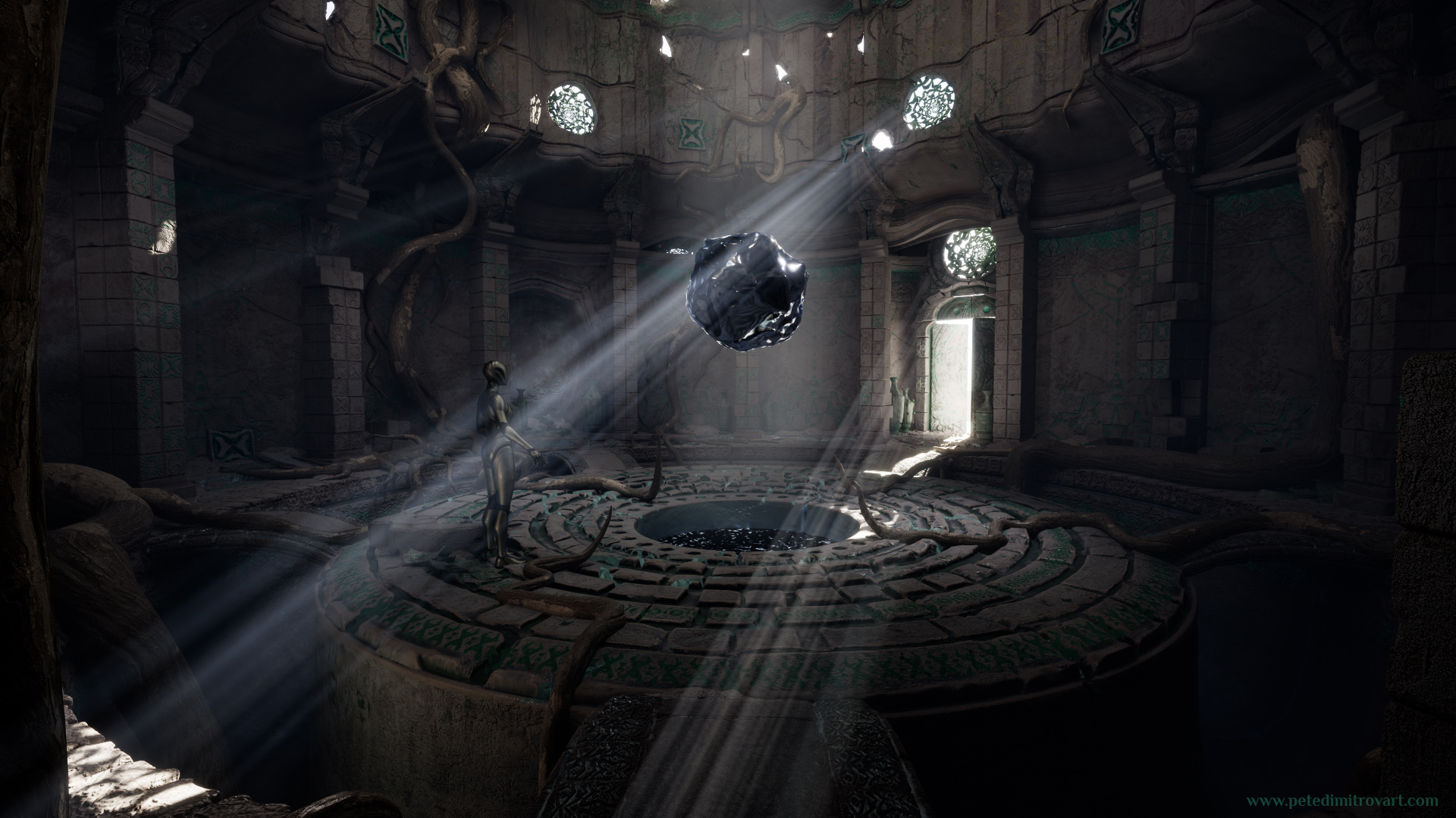 Screenshot from the usual main angle in the environment. Showcases a floating, black orb with metal surface. It shines brightly in a day light cast from a door that is ajar and from the cracks on the walls. The orb is above a circular, ruined platform with a basin with black goo in the middle. Roots crawl on the walls. Unreal Engine 5.