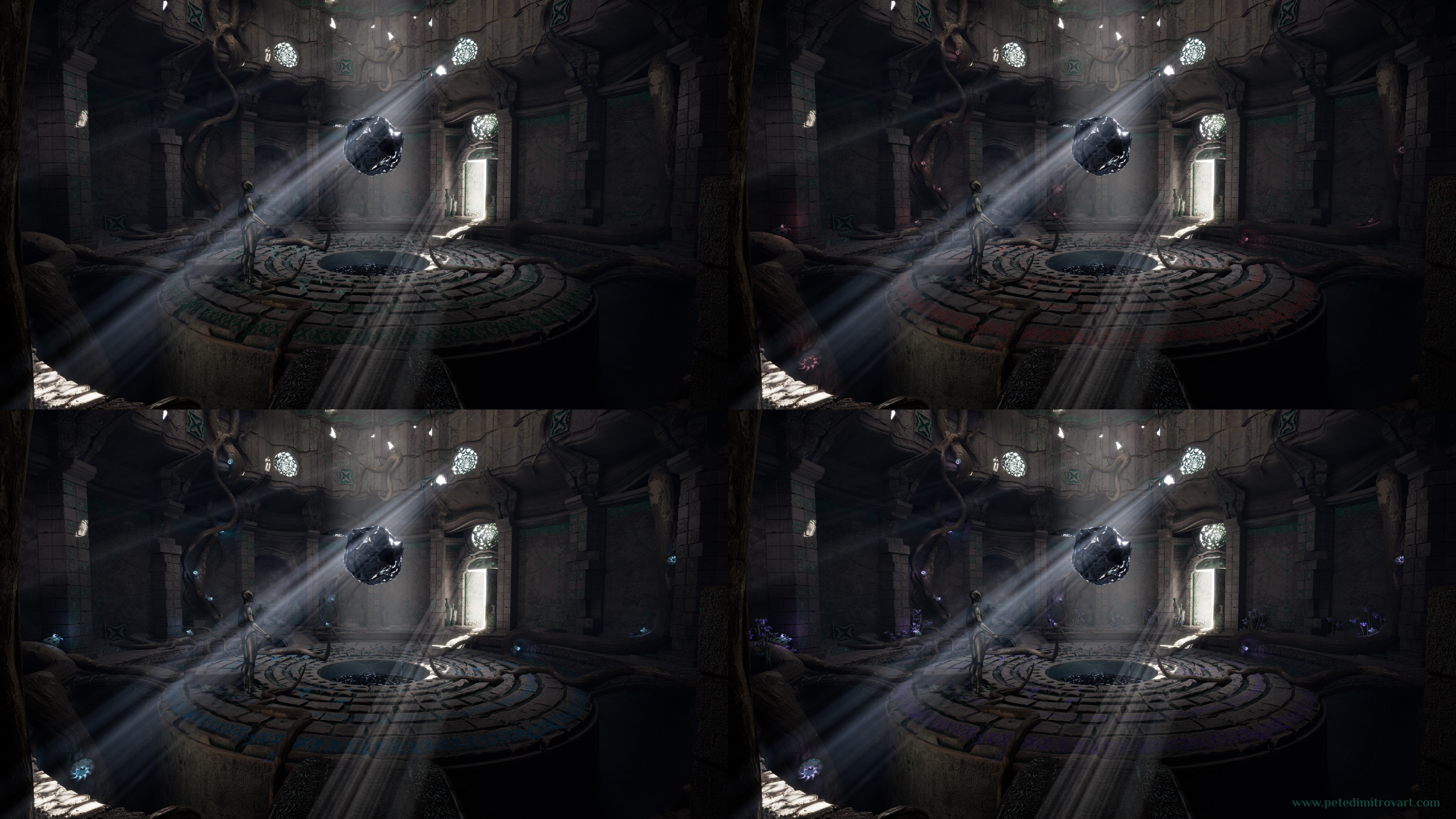 The previous, main camera screenshot showcased again. Here there are four versions put next to one another. First one shows the room with green inscriptions and decals. Second has those elements painted red but also has little, glowing flowers. Third is all of that but shaded blue. Fourth is all of it tinted in purple instead. Screenshots from UE5.