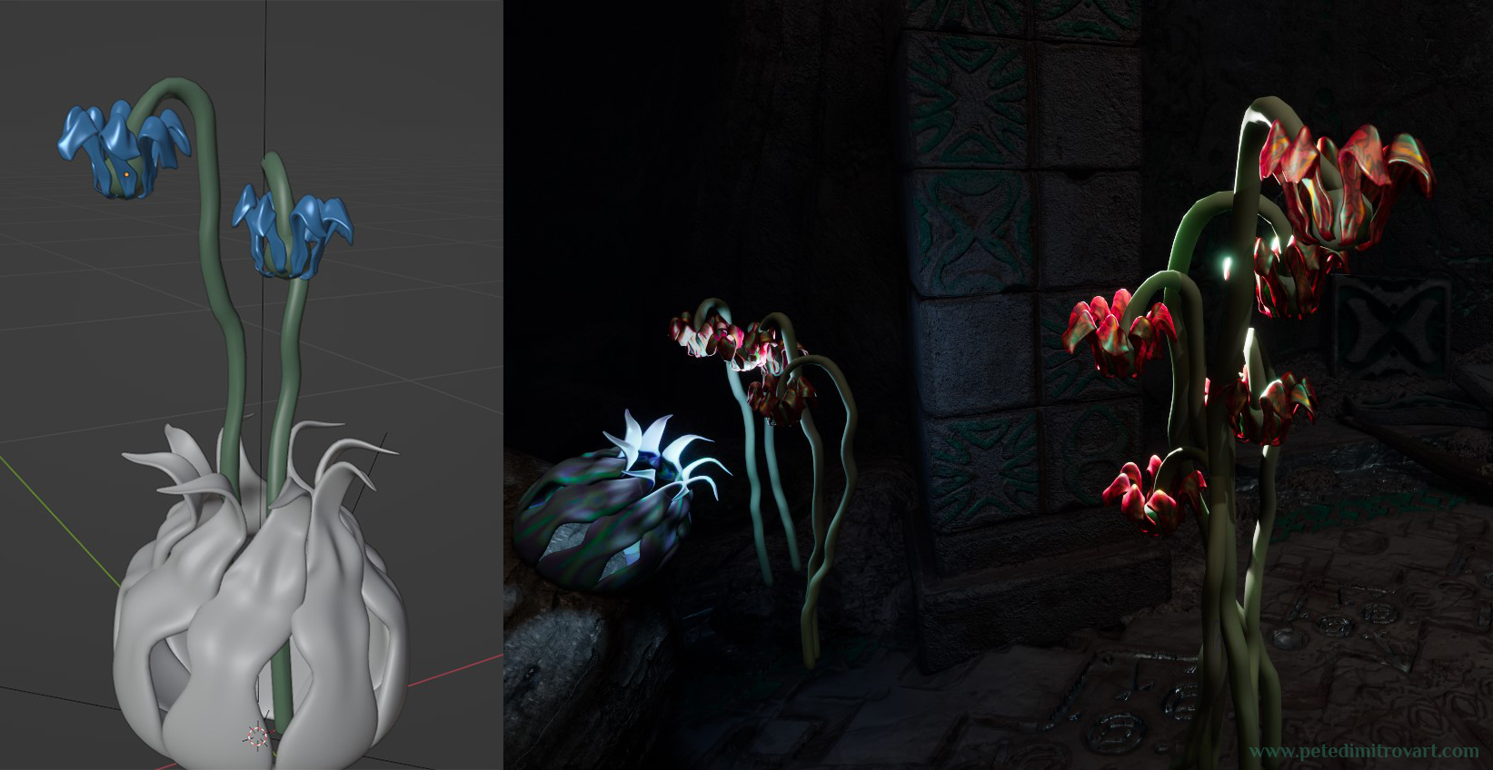 Two images put next to one another. Left is a Blender view of the flower pod prop. Out of it curl upwards green flower stems that on top have blue petals. Image on the right shows those same flower props but tested with materials and Subsurface Scattering in UE5. In that image some of the flowers are lit in an aggressive and silly looking test.