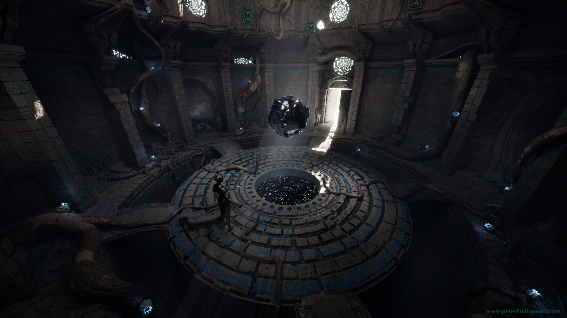 Upper camera angle showing the Unreal Engine 5 scene. The metal orb floats in the middle while the color through decals and inscriptions its surrounded by is blue.