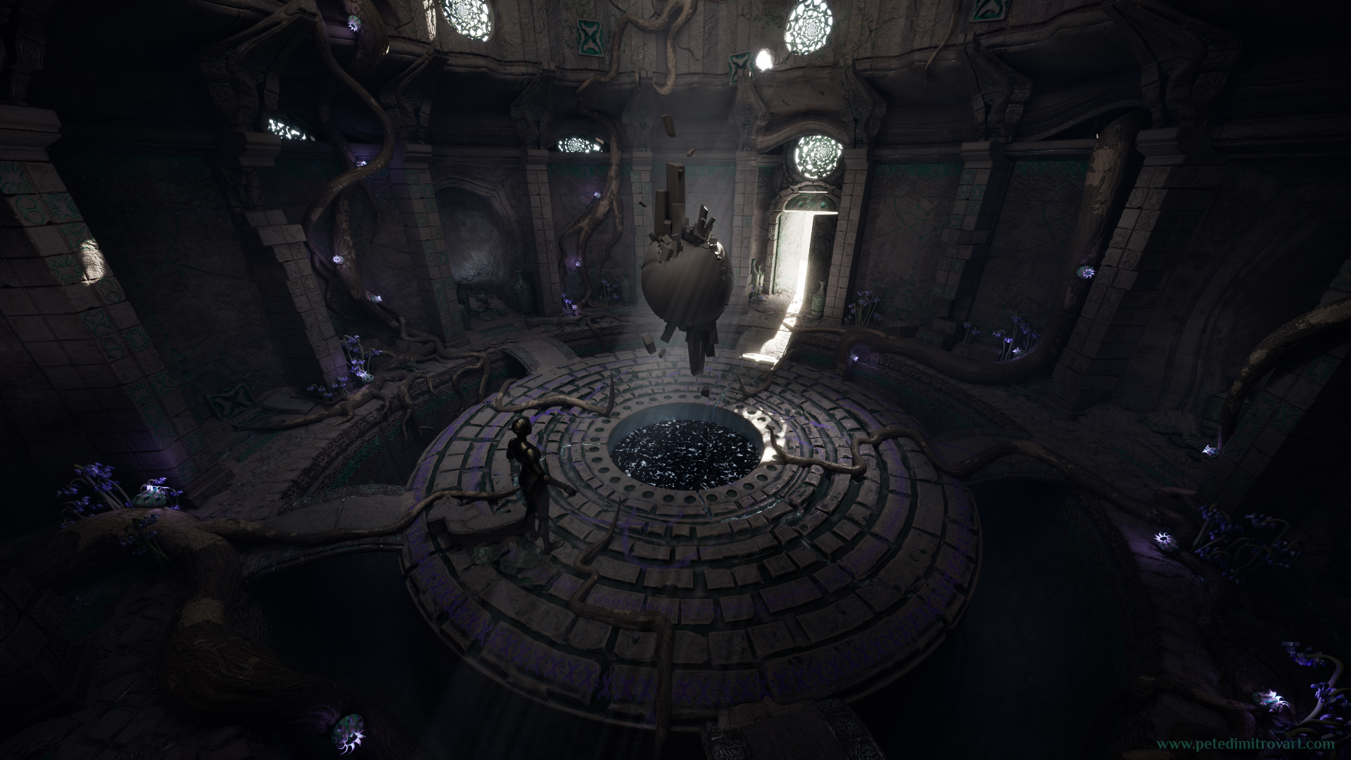 The camera angle seen the last few pictures. This time around the room is splashed in purples. The metal, Houdini orb (that had anims through VAT) is now replaced for a crystal blockout in gray colors.