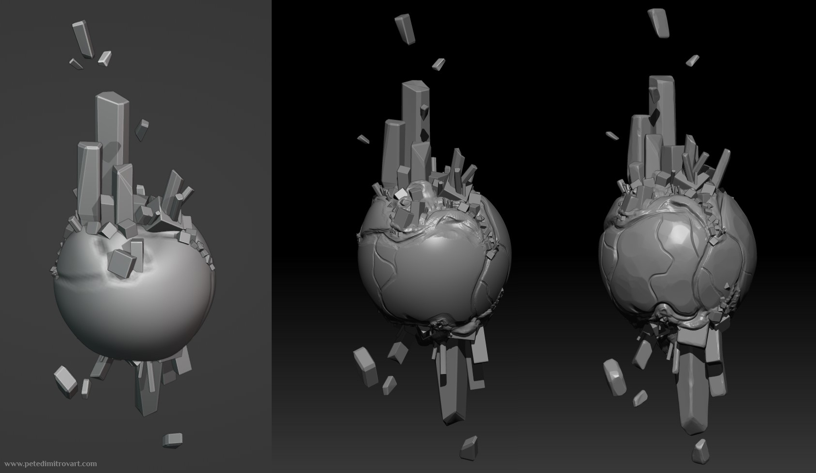 Three images put next to one another. First one is a Blender shot. Displays the blockout of the rock orb and the crystal shapes coming out of it. Next two are images taken in Zbrush, showing sculpt pass on those same shapes. The rock orb now has dug crevices and details that it didn’t have in the Blender version.