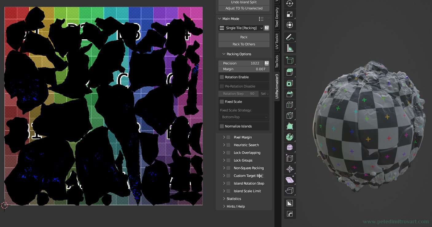Blender screenshot showing the UV mapping of the crystal and rock prop. In this one the crystals are hidden and the image showcases only the rock orb and its UV set.