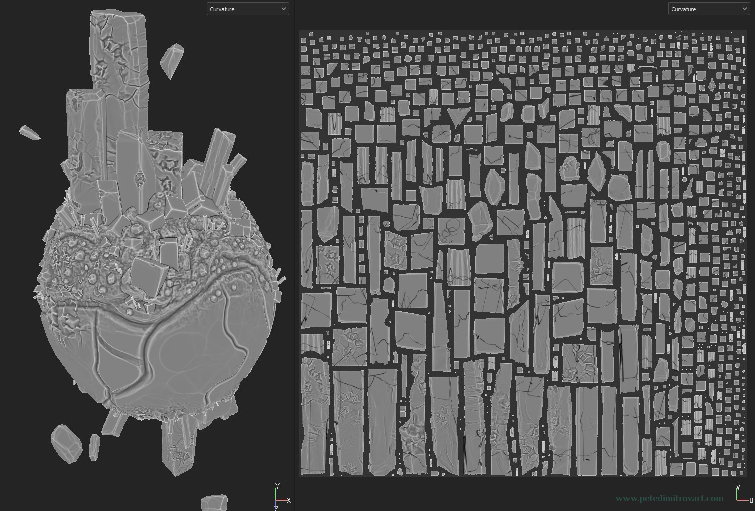 Image showcasing UV shells and geometry, with Curvature texture bake overlaid on top. The screenshot is from inside Substance Painter where the baking was done.