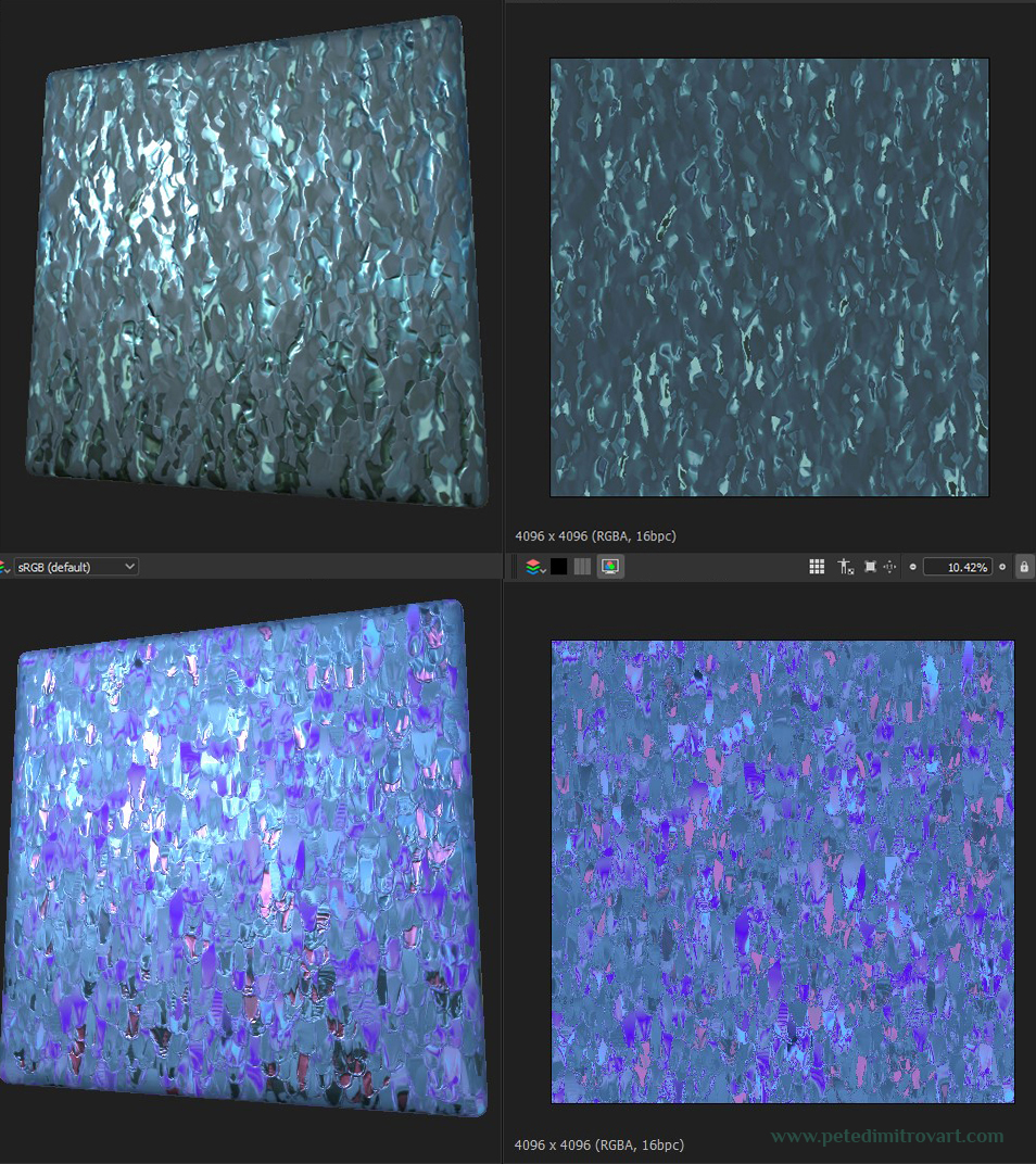 Substance Designer rendering showing two materials overlaid above one another. Top one is a teal colored and metal-like crystal noise. One below is a painterly and acrylic looking splash of blues, purples and pinks.