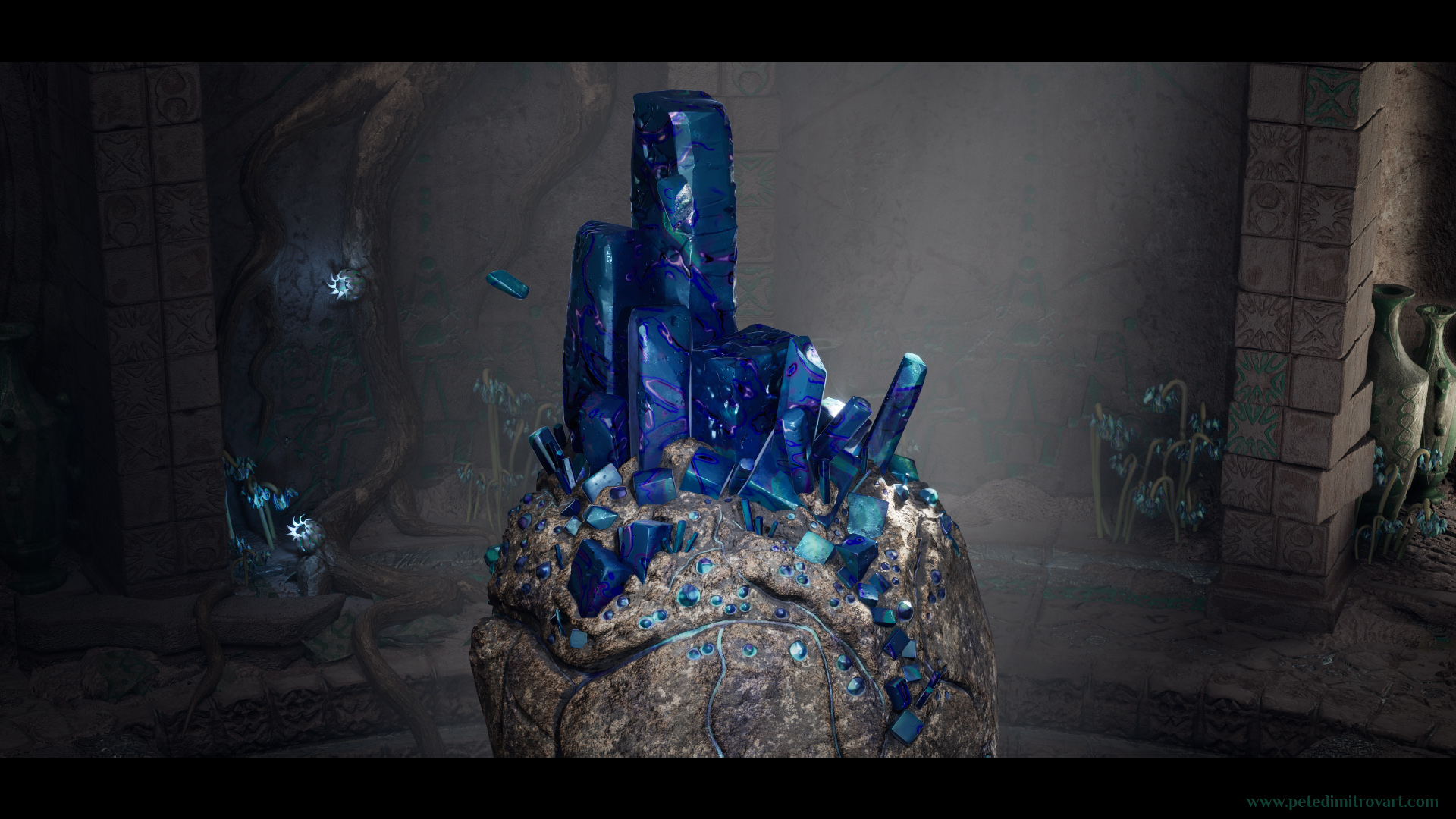 The rock orb and the blue crystals attached. Seen in the zoomed in camera. Shot from Unreal Engine 5.