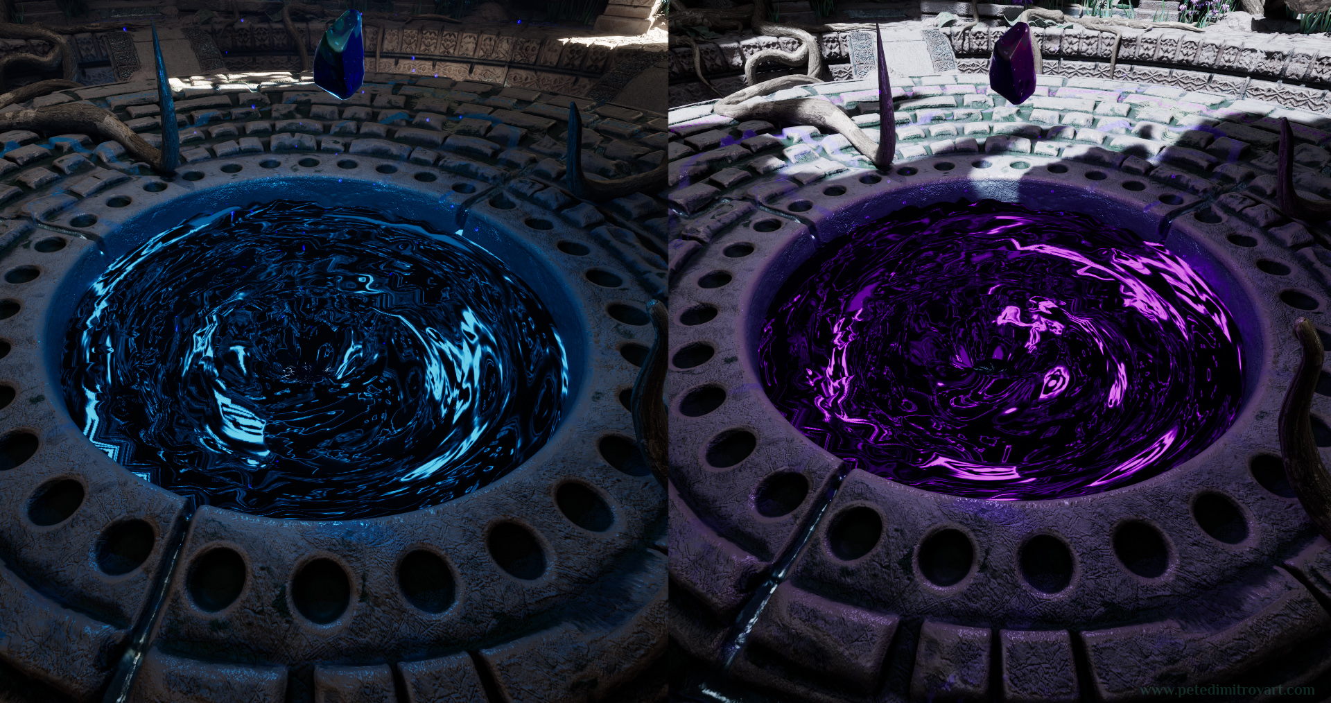 Two vortex VFXs next to one another. One is tinted in black and blue. The other is tinted in purple and blue. Their surface has long stripes of emissive color but also a lot of distortion as if its seen through refraction. Unreal 5 screenshots.