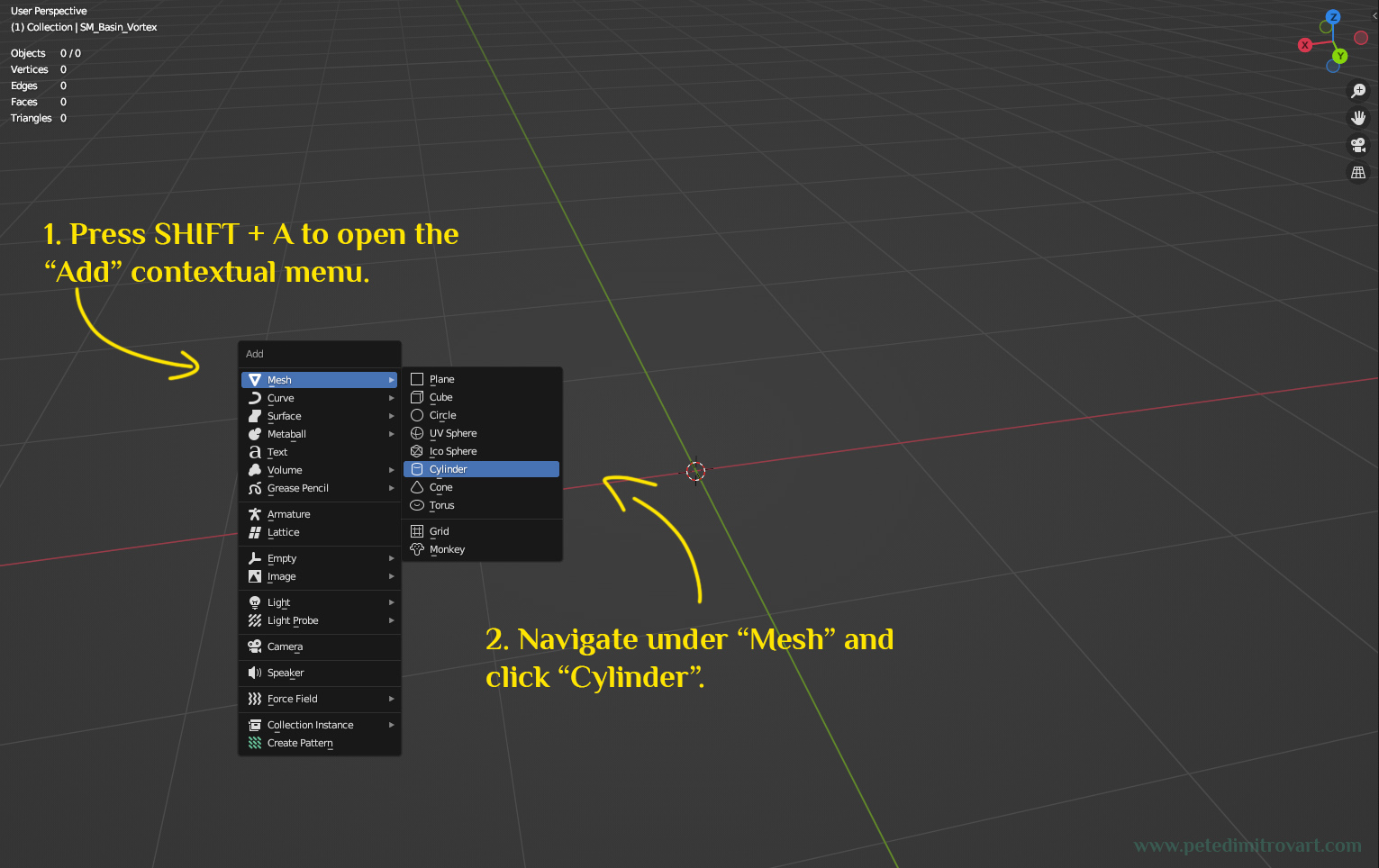 Blender screenshot. Shows blank scene. On top “Add” menu is open with the “Mesh - Cylinder” option selected. Text in image reads: “1. Press SHIFT + A to open “Add” contextual menu. 2. Navigate under “Mesh” and click “Cylinder”.